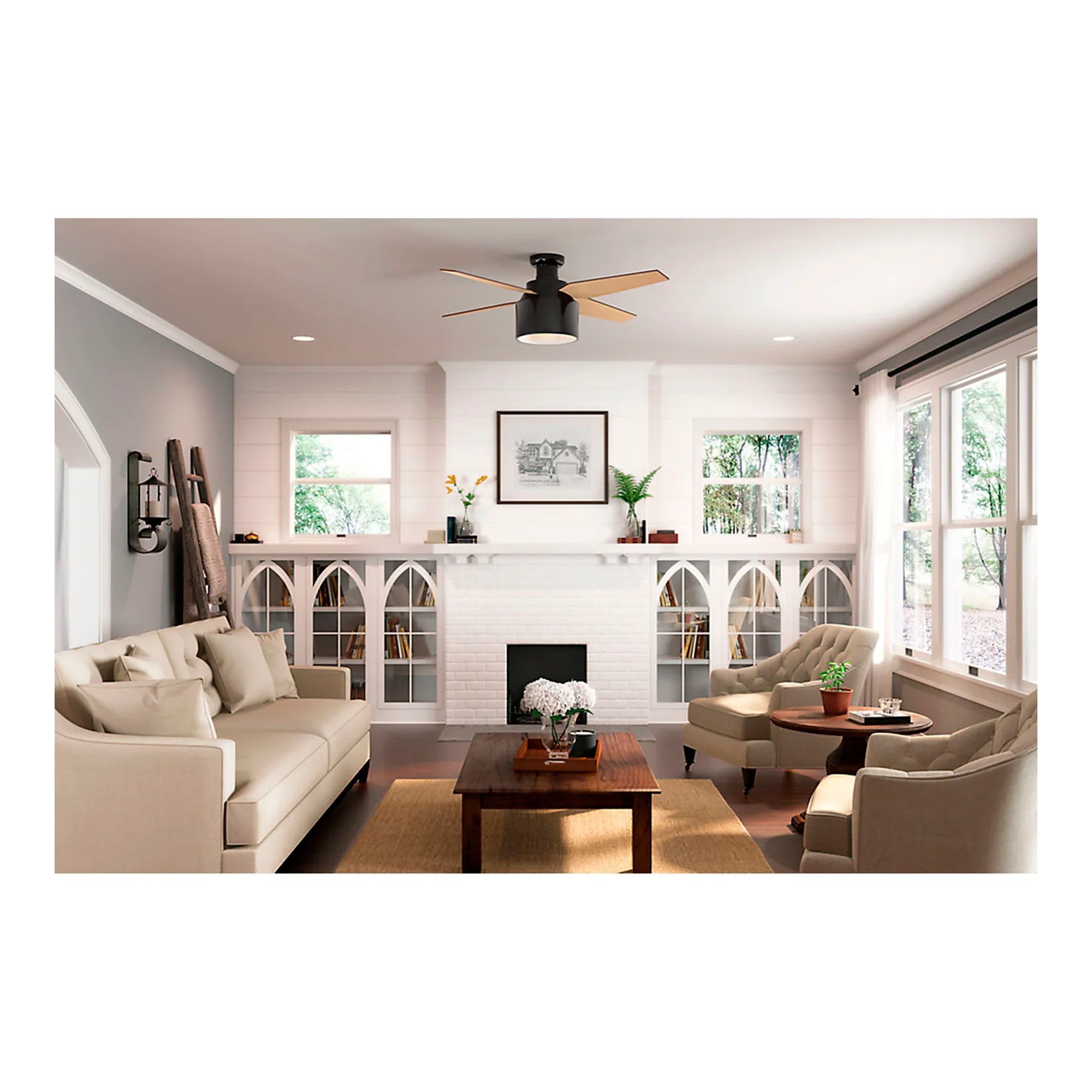Gloss black 52-inch low-profile ceiling fan with light and handheld remote