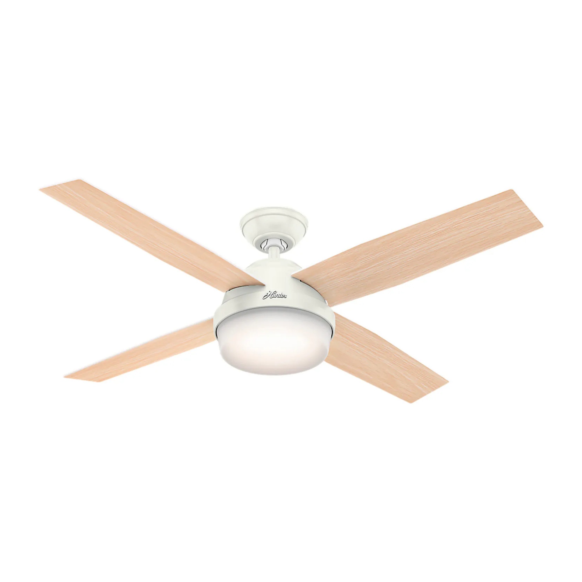 White 52-inch damp-rated ceiling fan with integrated light kit and handheld remote