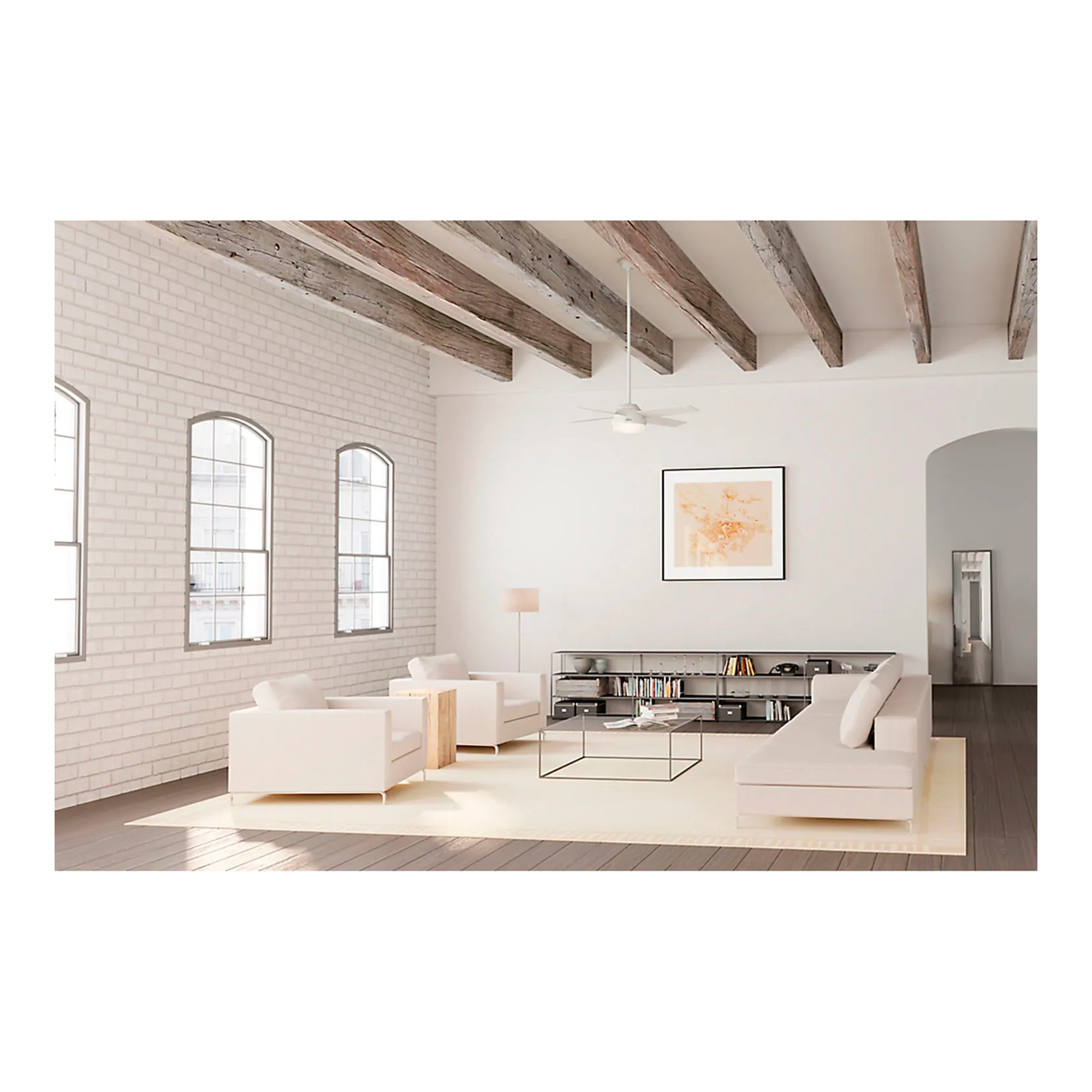 White 52-inch damp-rated ceiling fan with integrated light kit and handheld remote