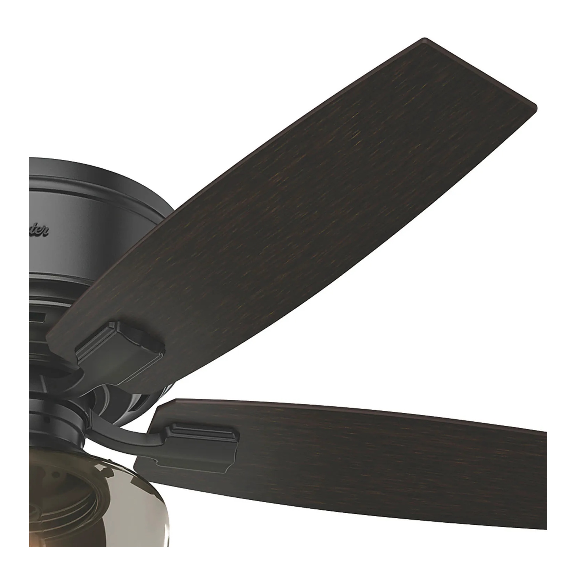 Matte black 52-inch ceiling fan with smoked glass light globe and handheld remote