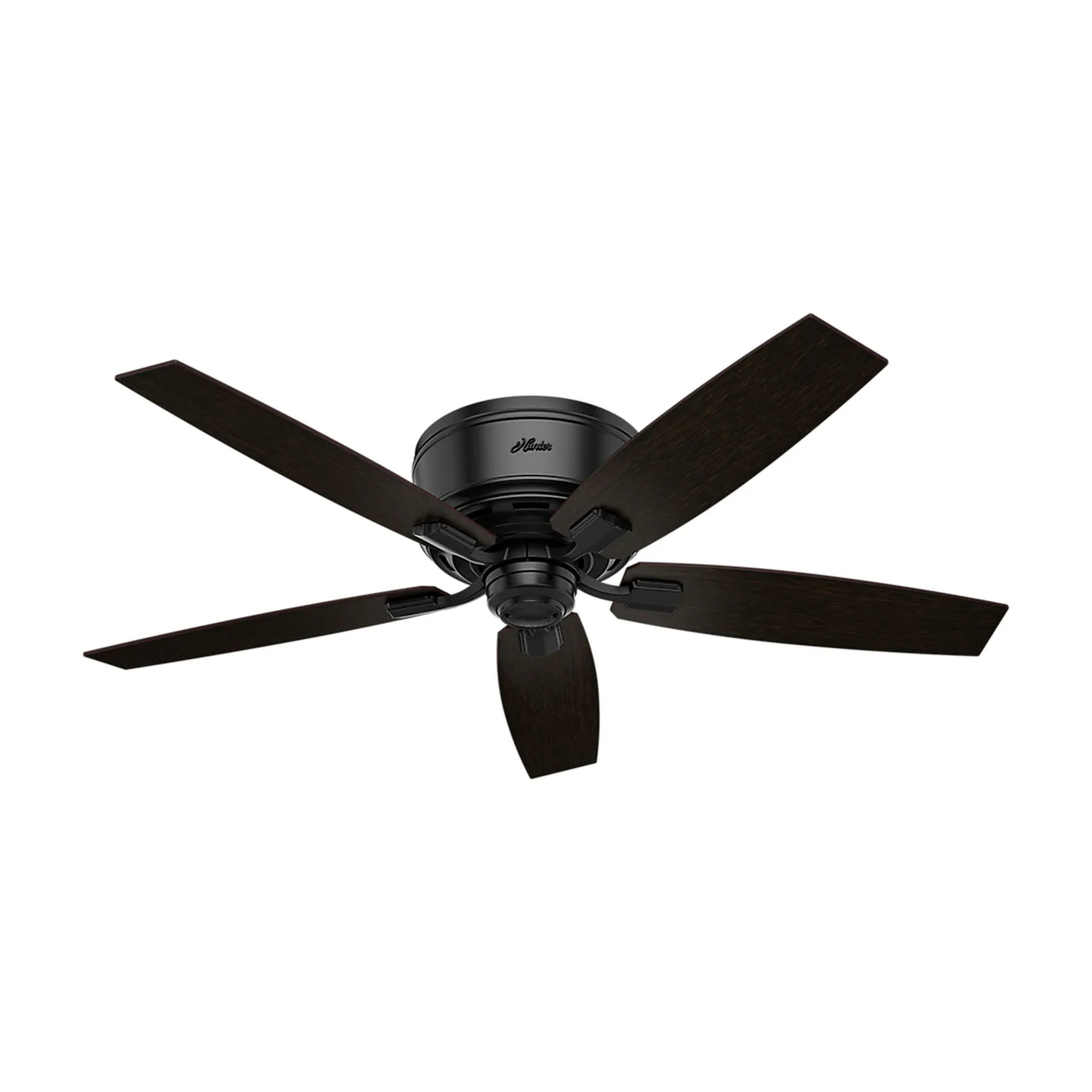 Matte black 52-inch ceiling fan with smoked glass light globe and handheld remote
