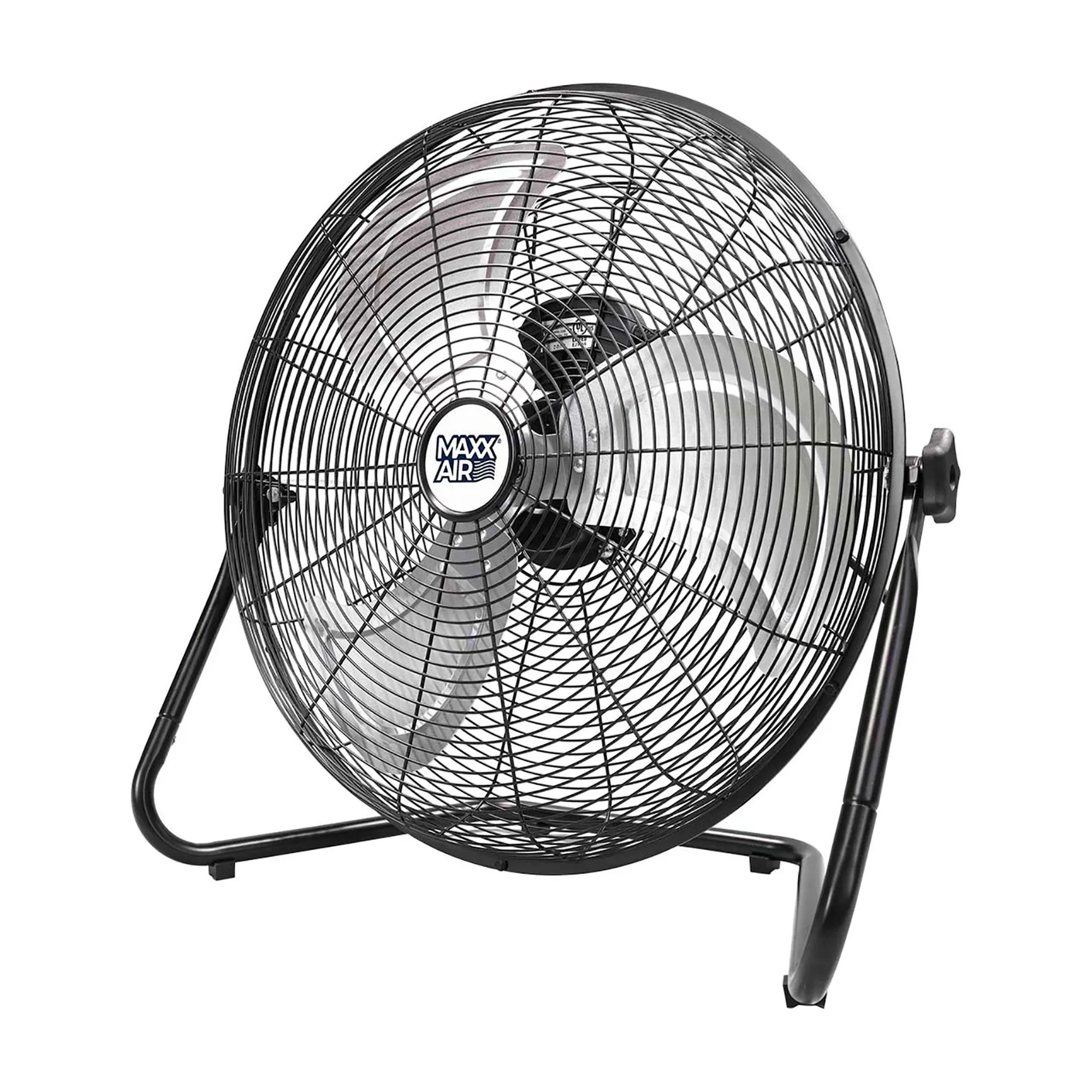 Black 20-inch high-velocity portable floor fan with metal grille and floor stand