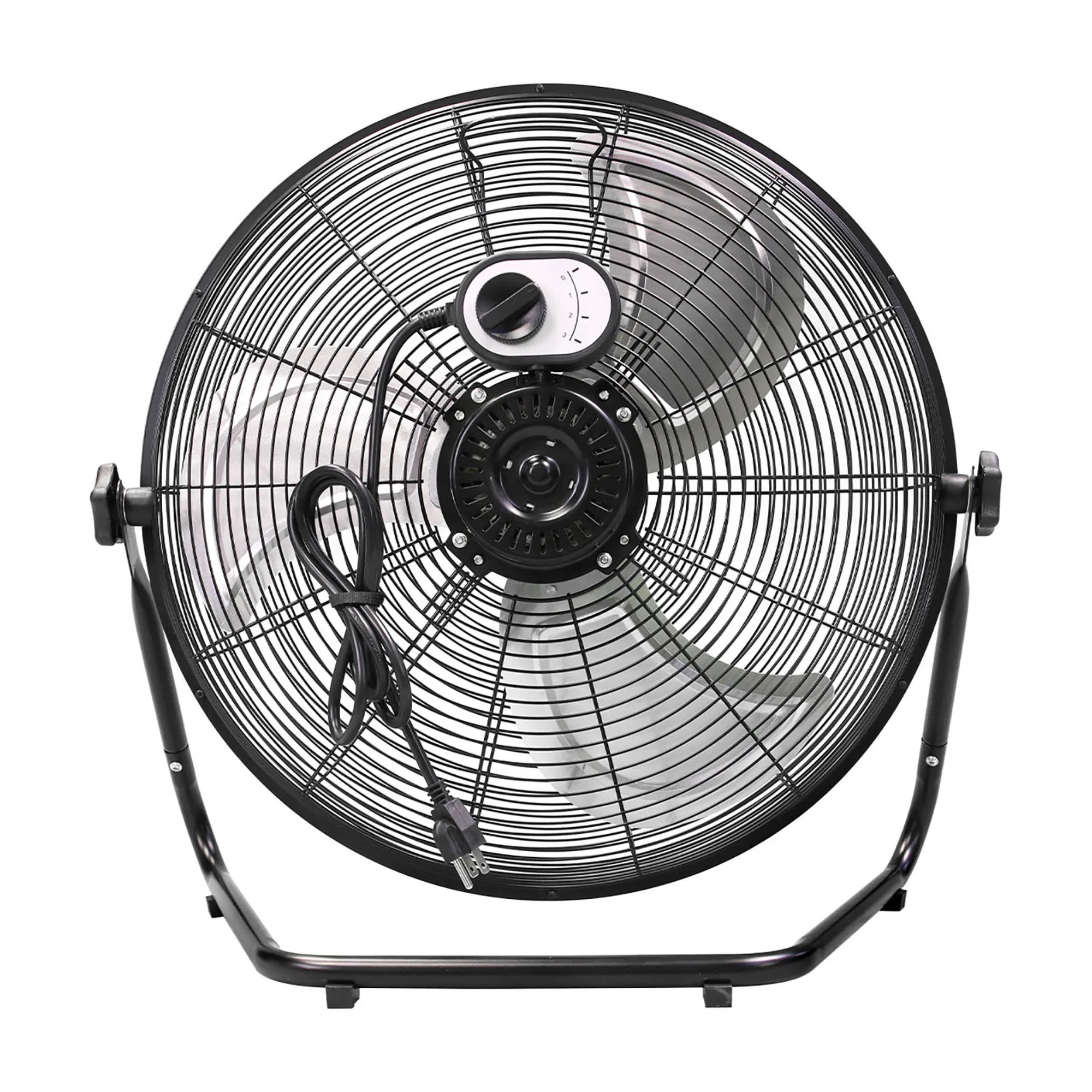 Black 20-inch high-velocity portable floor fan with metal grille and floor stand