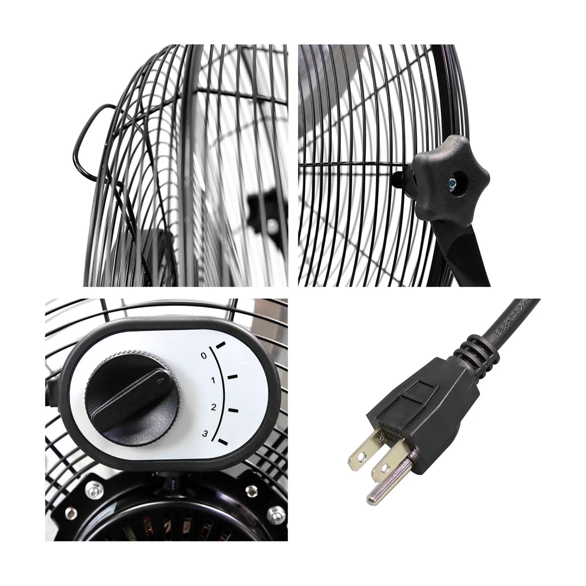 Black 20-inch high-velocity portable floor fan with metal grille and floor stand