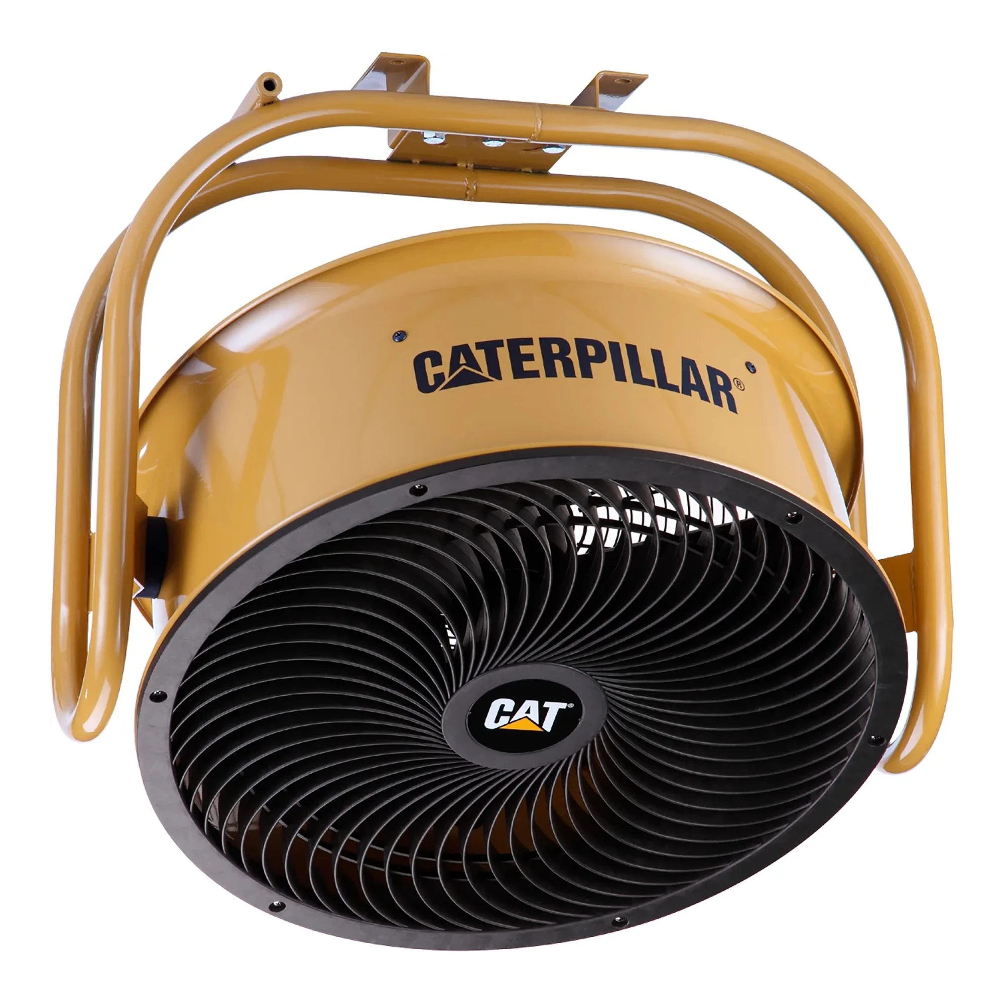 Yellow 24-inch high-velocity industrial drum fan with wheeled metal base