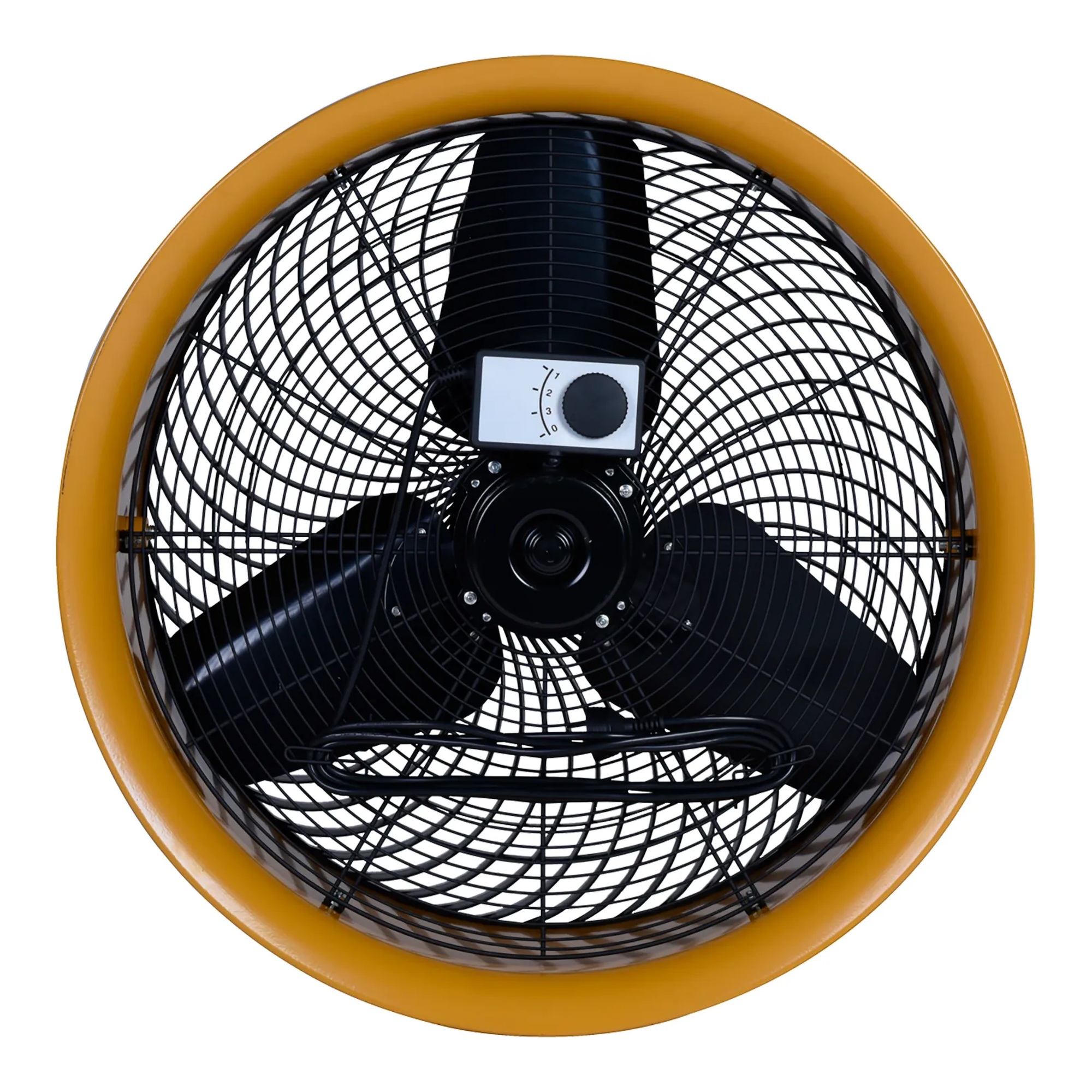 Yellow 24-inch high-velocity industrial drum fan with wheeled metal base