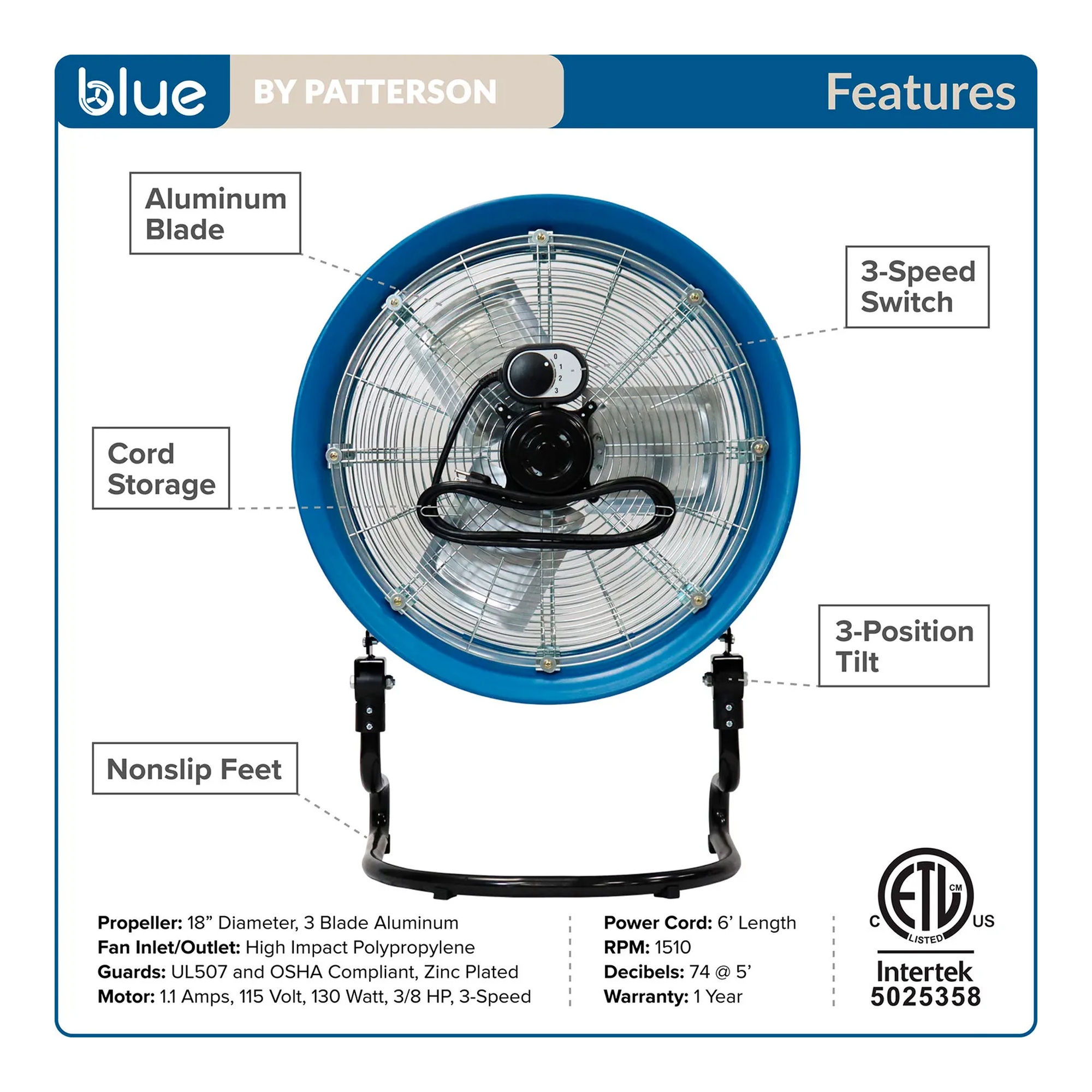 Blue 18-inch heavy-duty three-speed floor fan