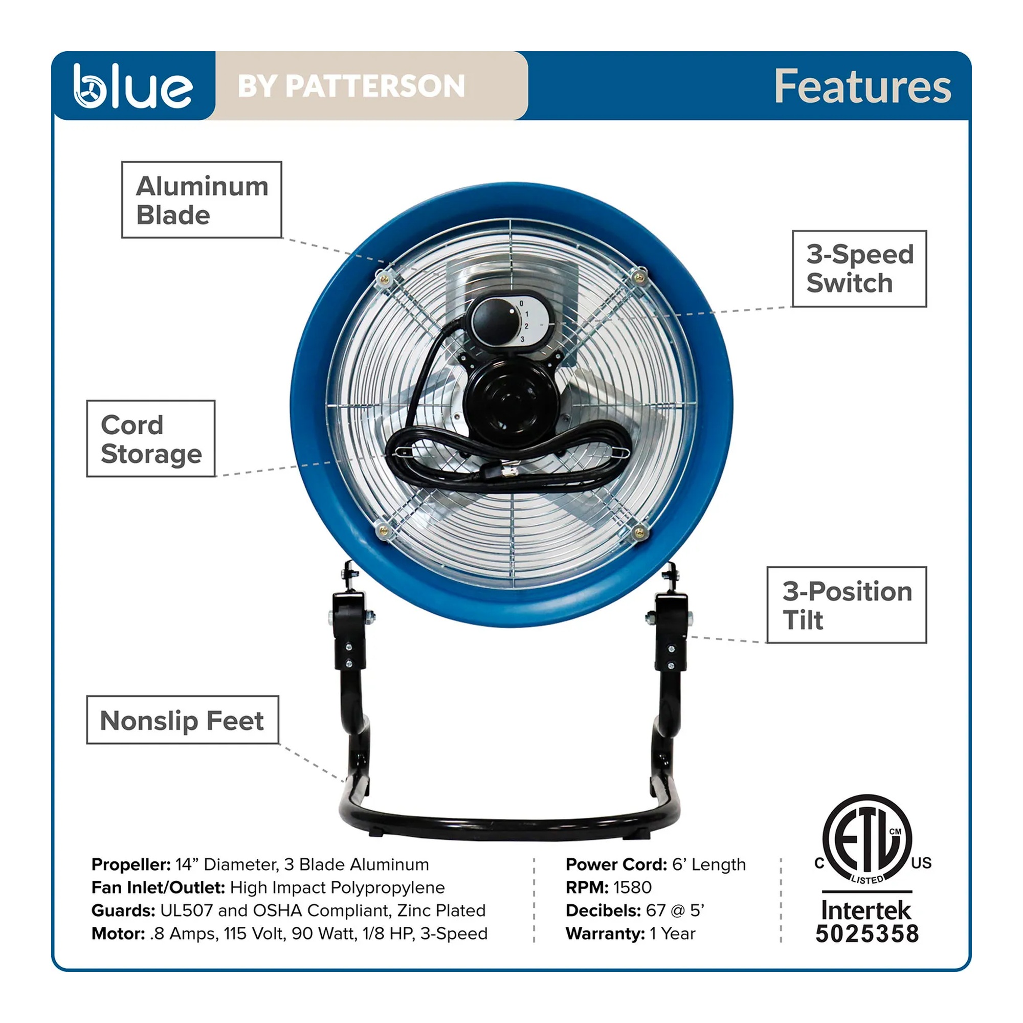 Blue 14-inch three-speed heavy-duty floor fan