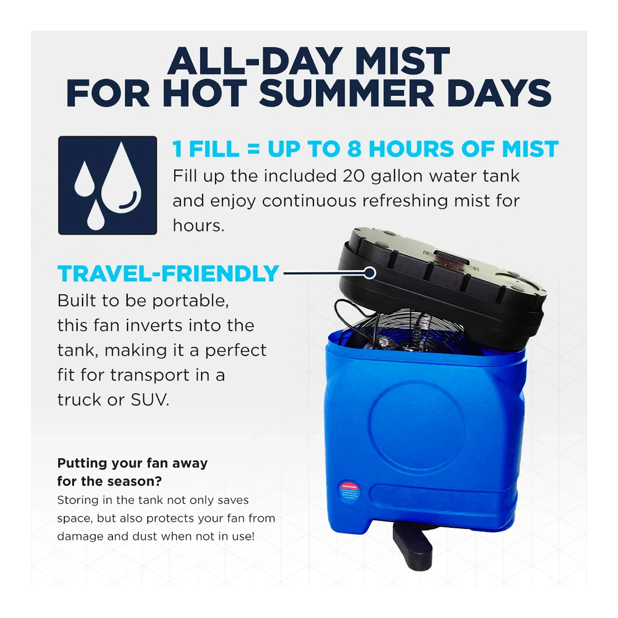 Blue 14-inch portable misting fan with a 20-gallon water tank