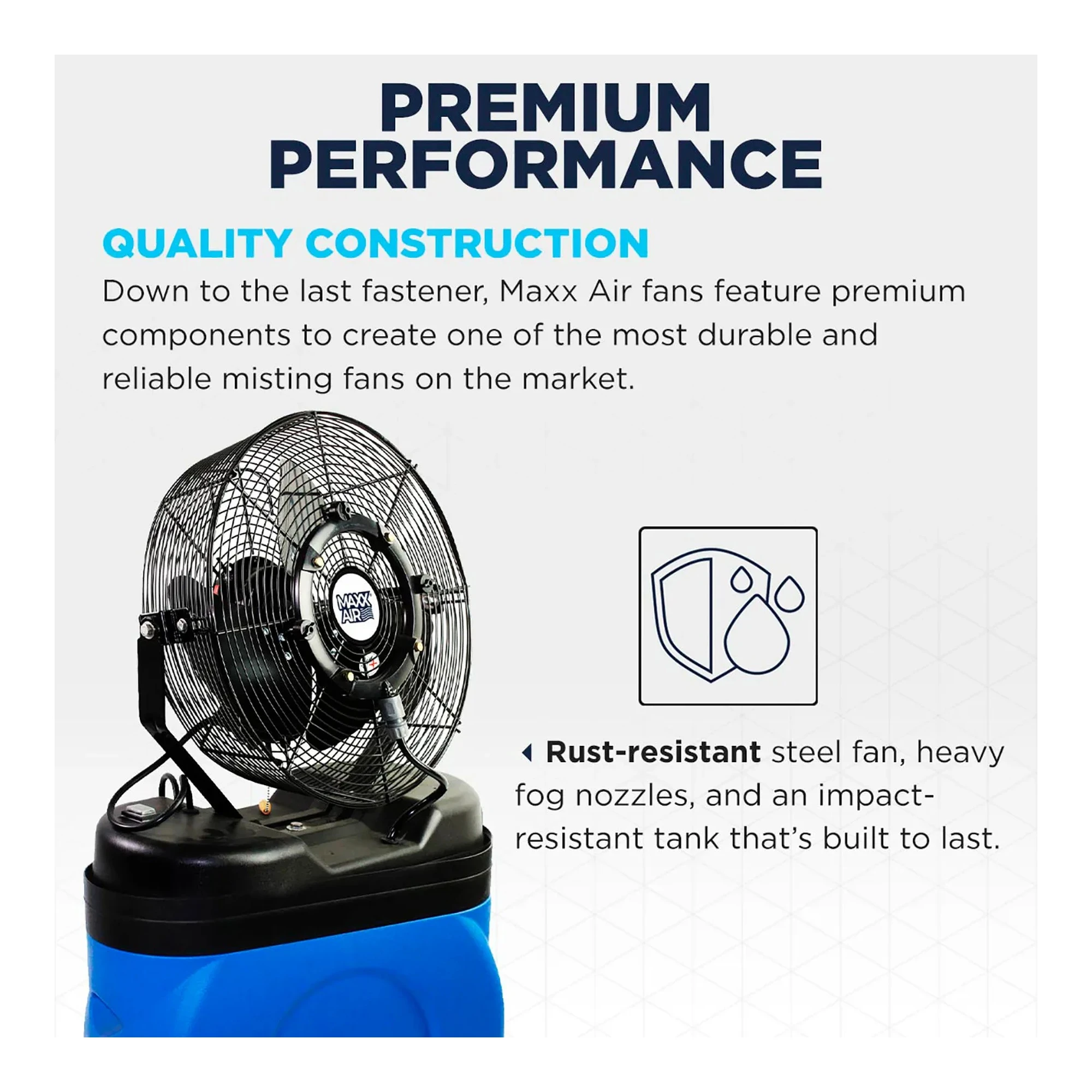 Blue 14-inch portable misting fan with a 20-gallon water tank