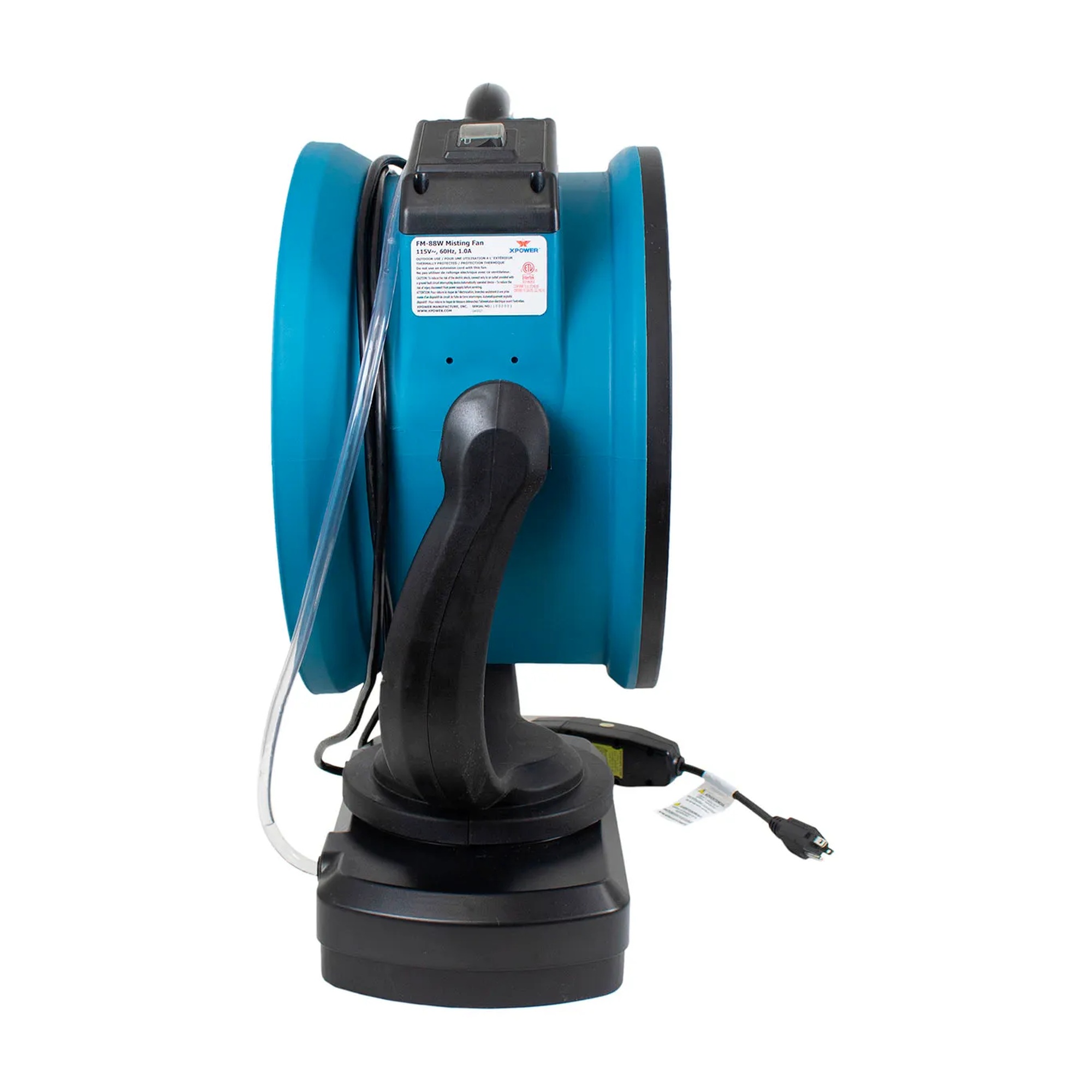 Blue 14-inch portable oscillating outdoor misting fan with built-in water pump and hose
