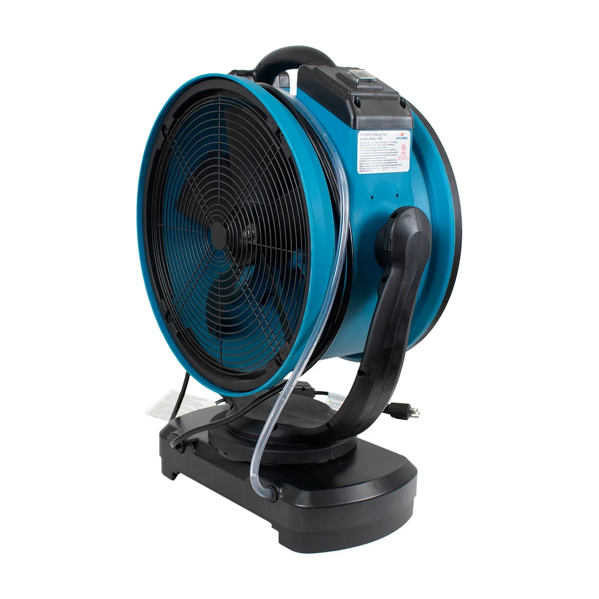 Blue 14-inch portable oscillating outdoor misting fan with built-in water pump and hose
