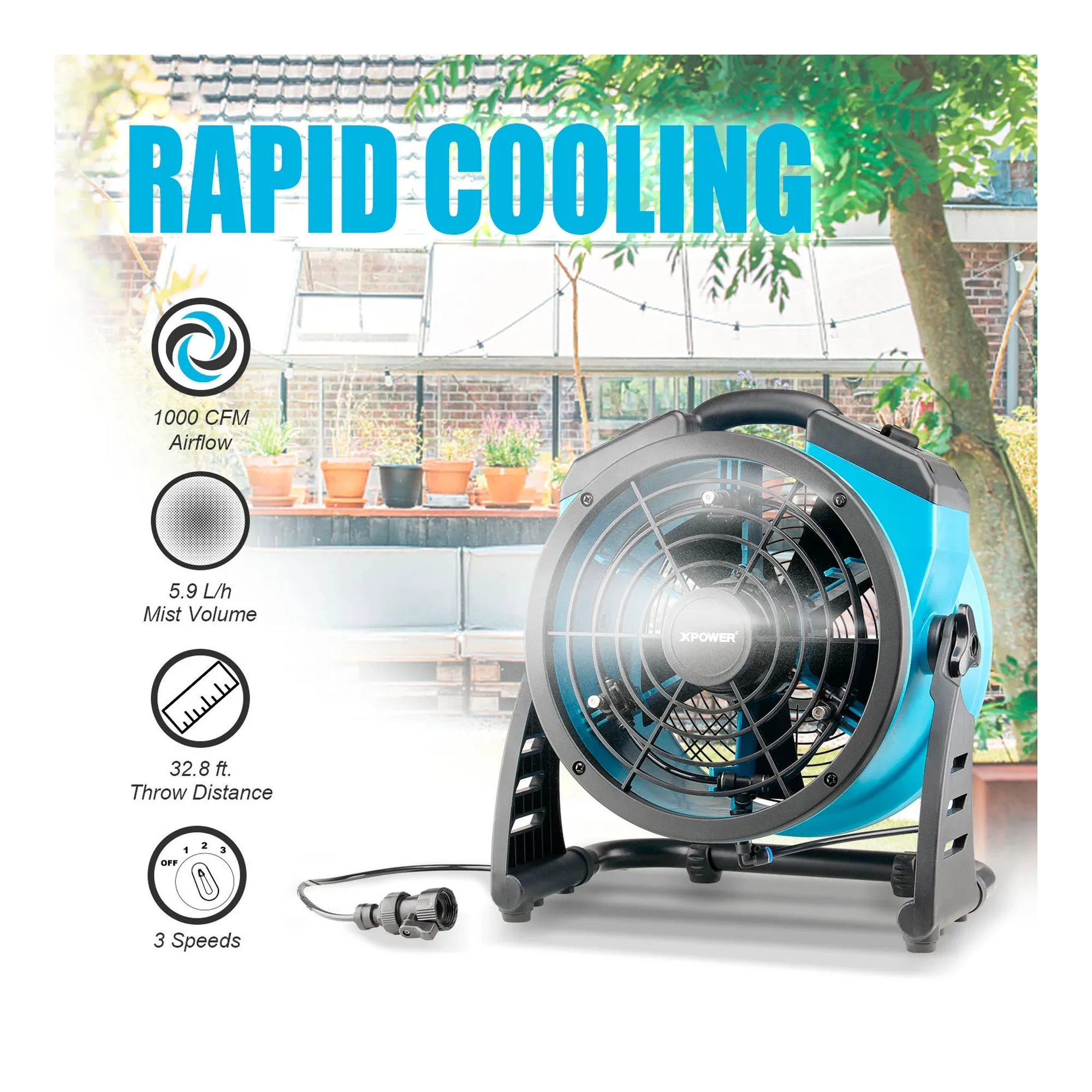 Blue portable outdoor misting fan with adjustable rack