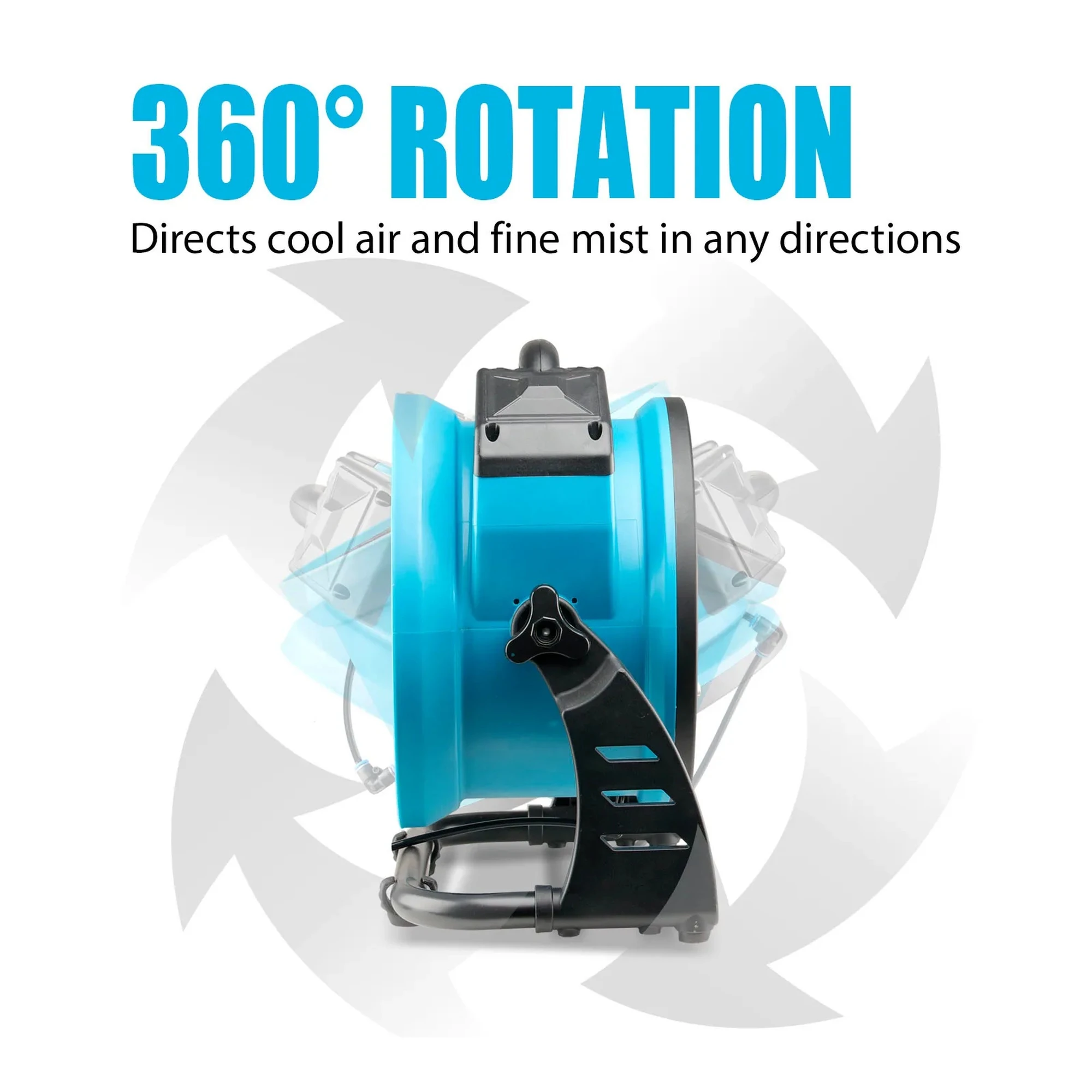 Blue portable outdoor misting fan with adjustable rack