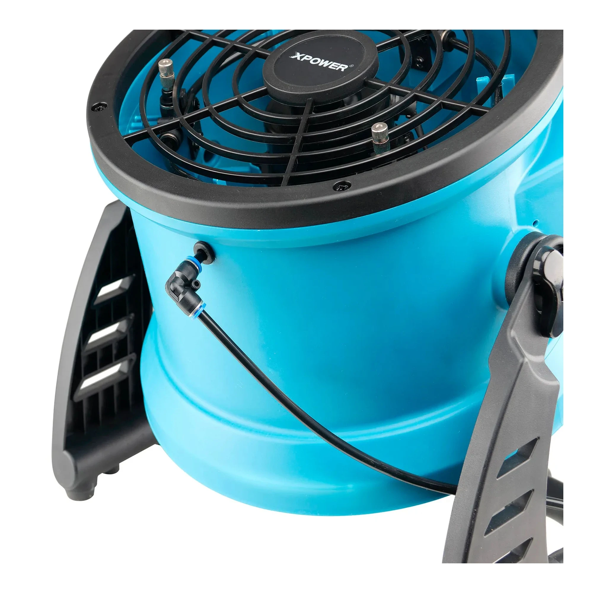 Blue portable outdoor misting fan with adjustable rack