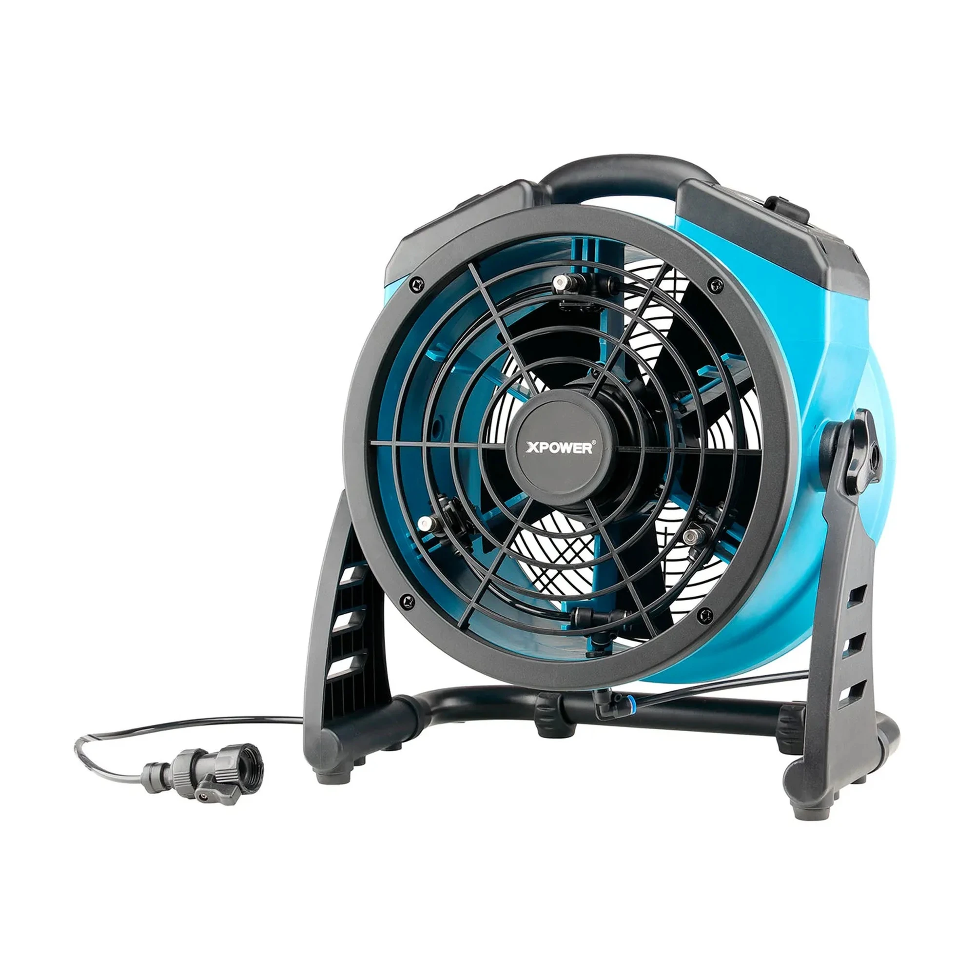 Blue portable outdoor misting fan with adjustable rack