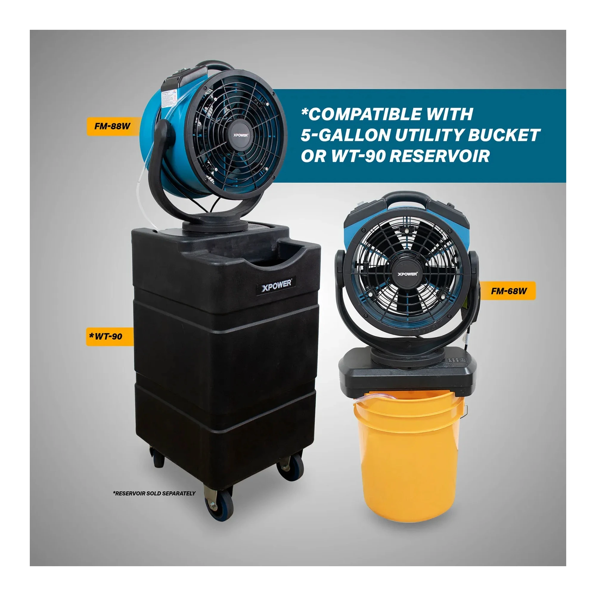 Blue portable 11-inch oscillating outdoor misting fan with built-in water pump and hose