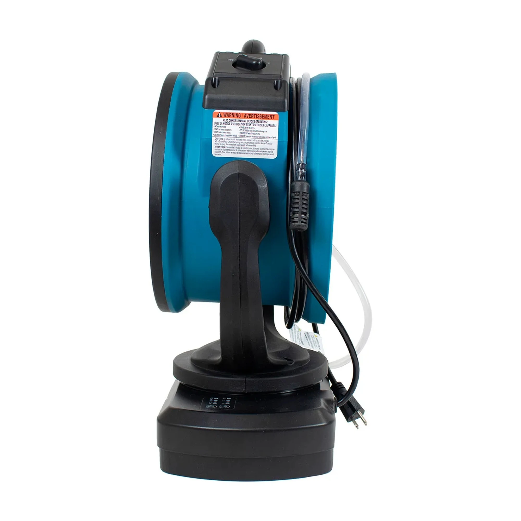 Blue portable 11-inch oscillating outdoor misting fan with built-in water pump and hose