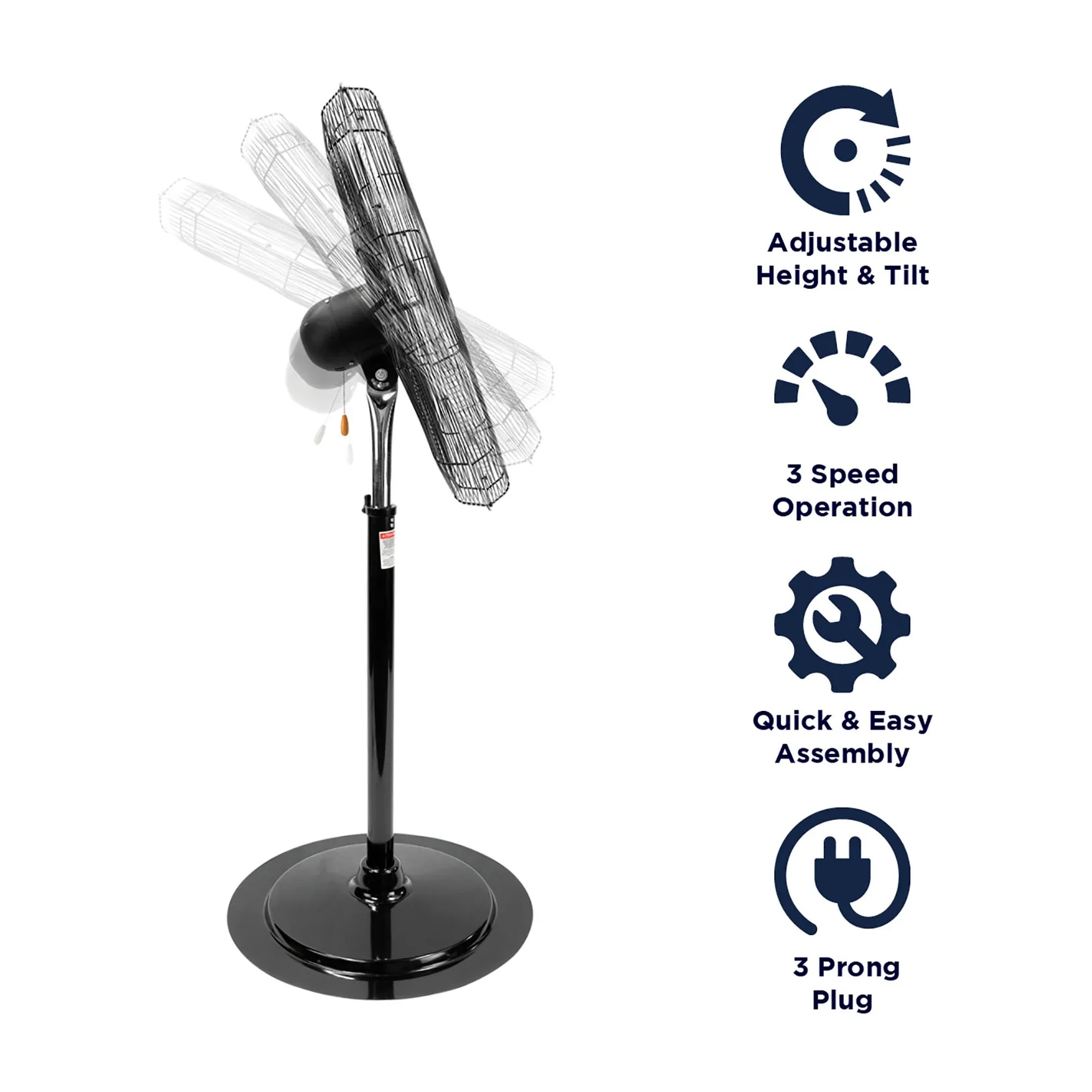 Black 30-inch adjustable-height pedestal fan with tilting head and wide base