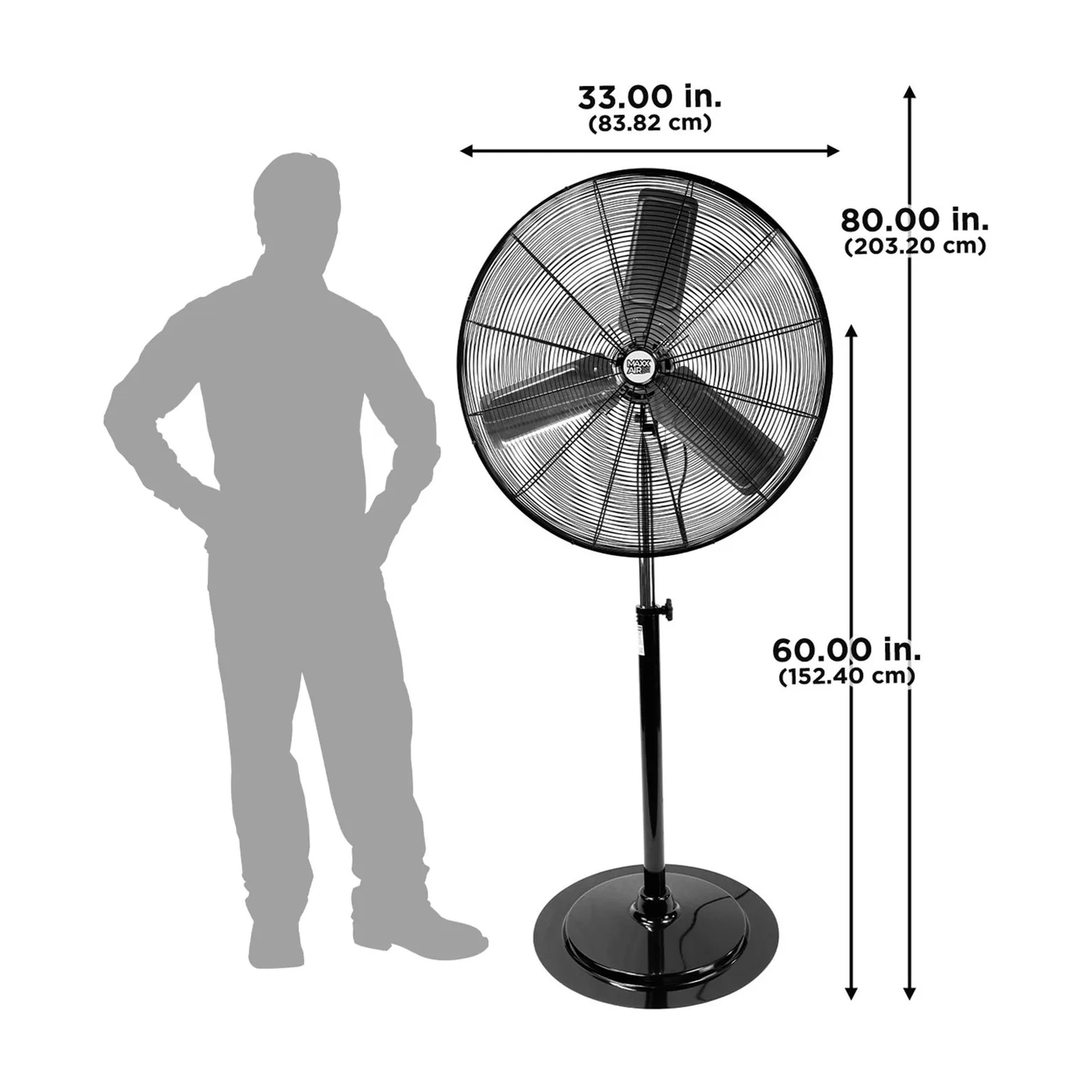 Black 30-inch adjustable-height pedestal fan with tilting head and wide base