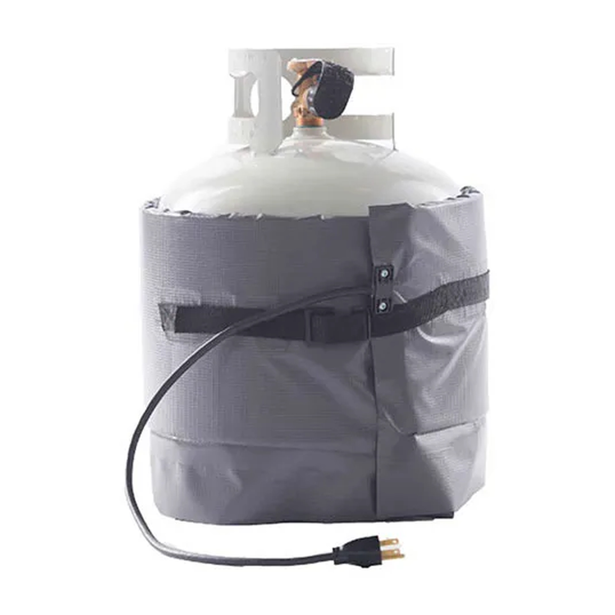 Gray insulated band-style heat blanket for 20 to 40 lb gas cylinders