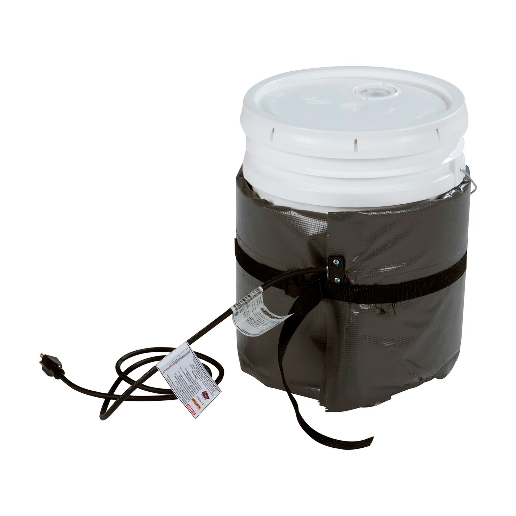 Black warming blanket with straps for a 5-gallon honey bucket
