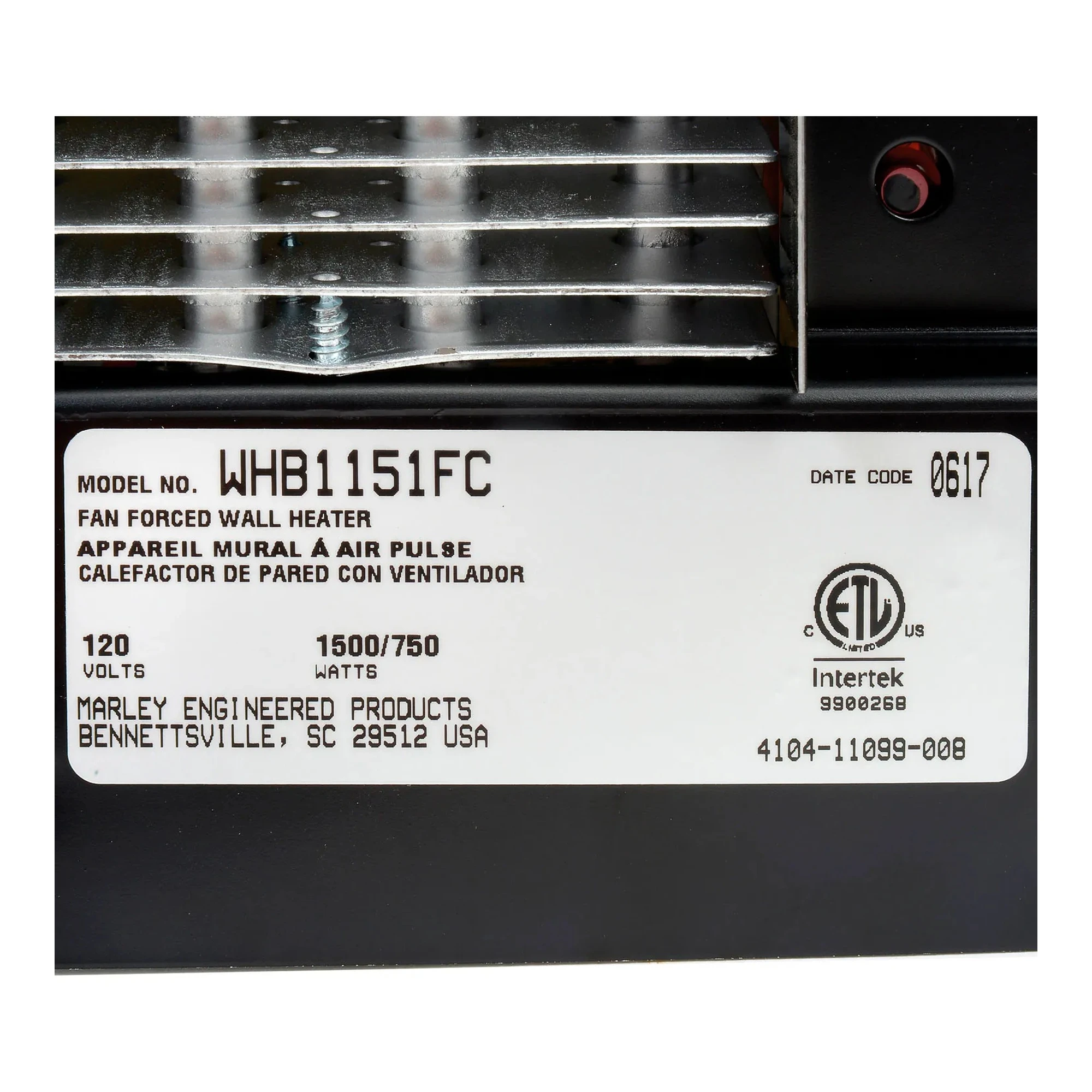 White fan-forced 1500W 120V electric wall heater with grille