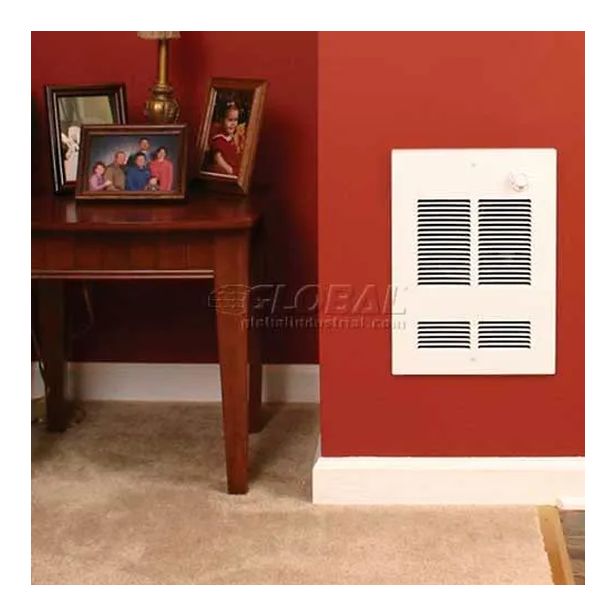 White shallow fan-forced wall and ceiling heater with front grille