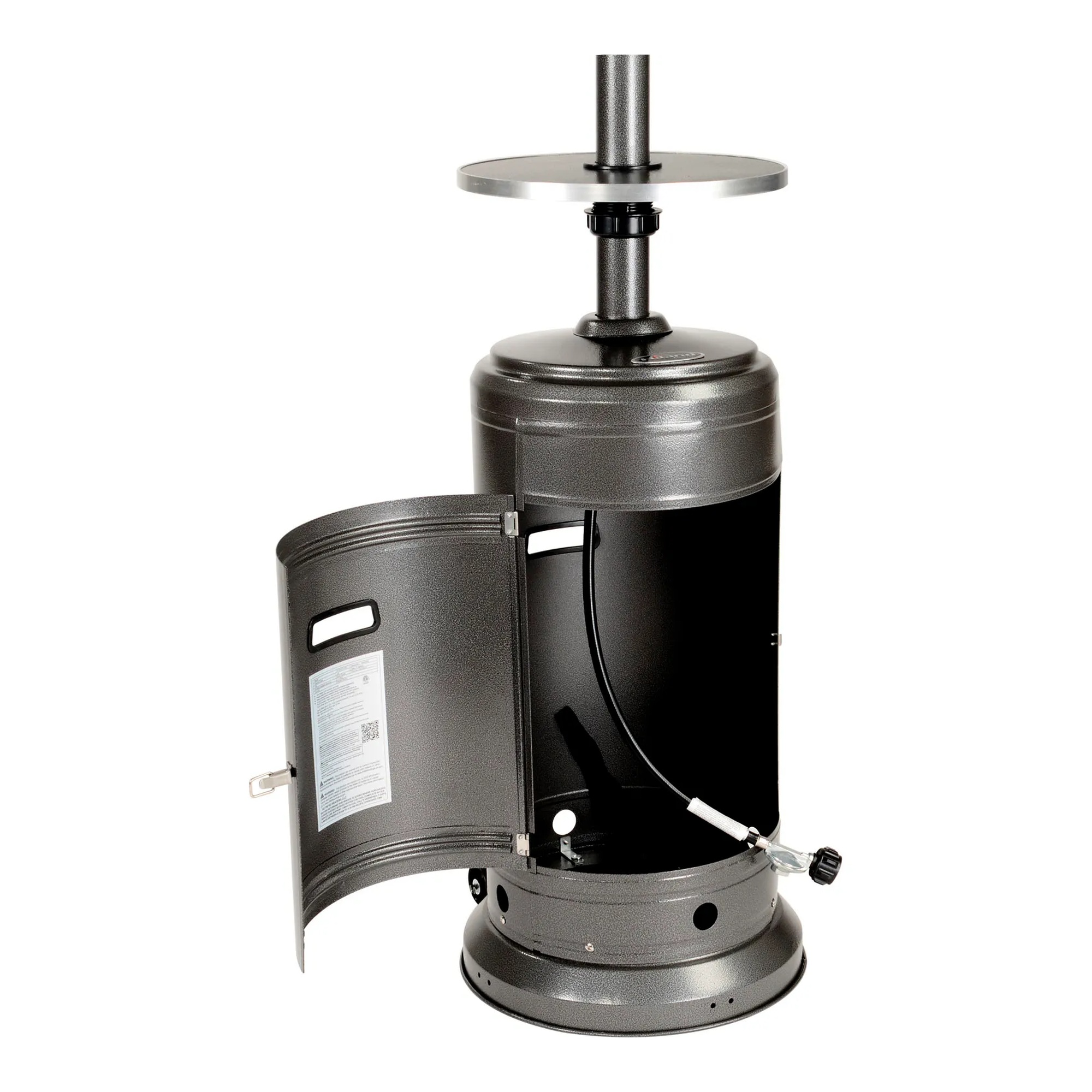 Silver propane patio heater with steel table