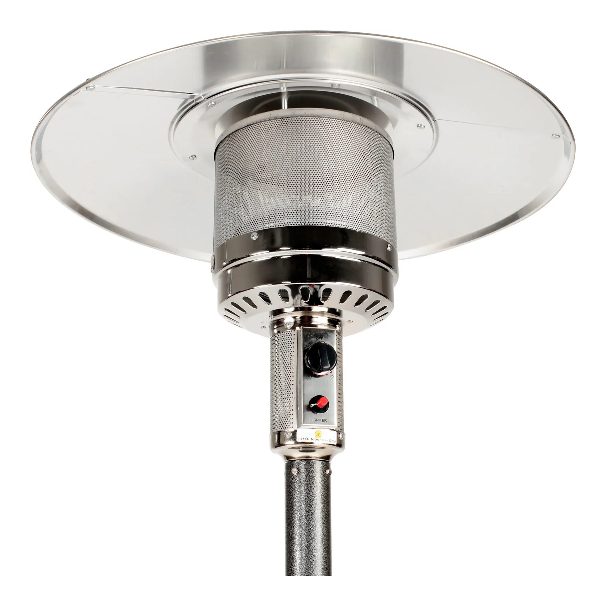 Silver propane patio heater with steel table