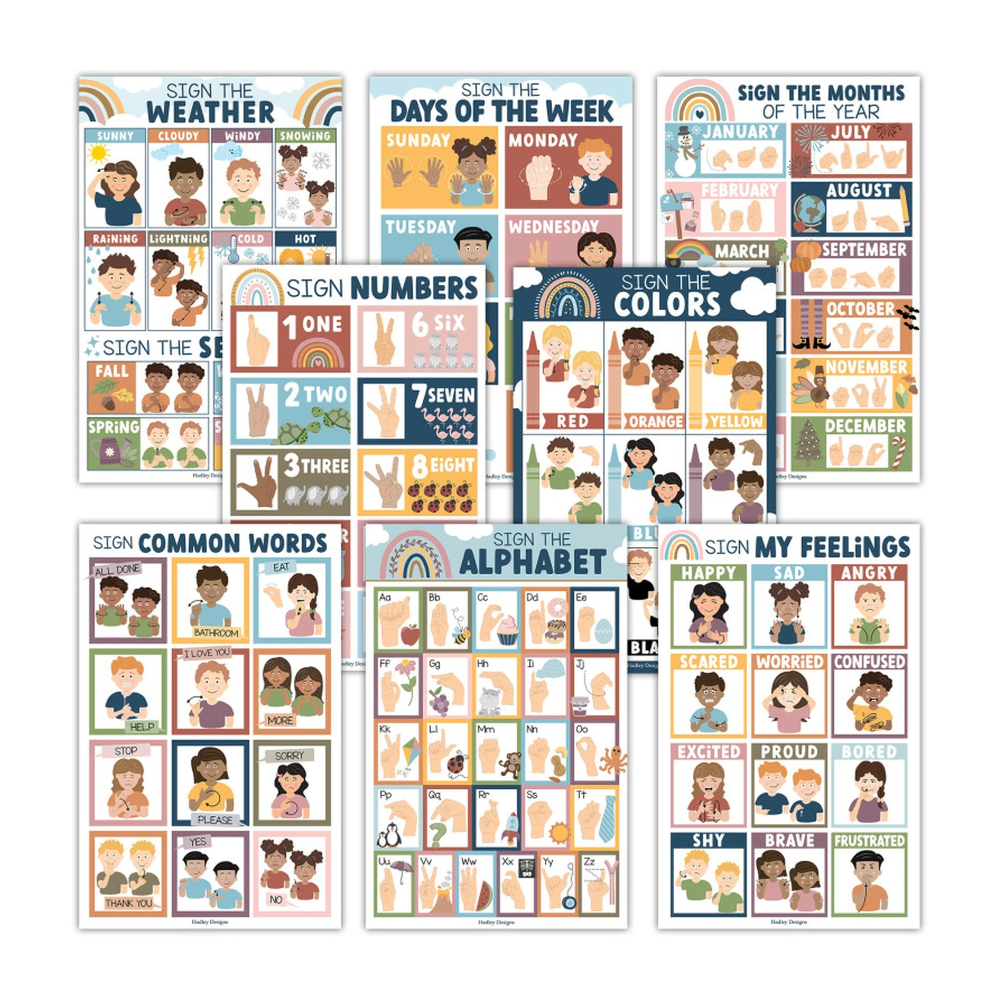 Boho Rainbow American Sign Language Educational Poster Set, 8 Pack