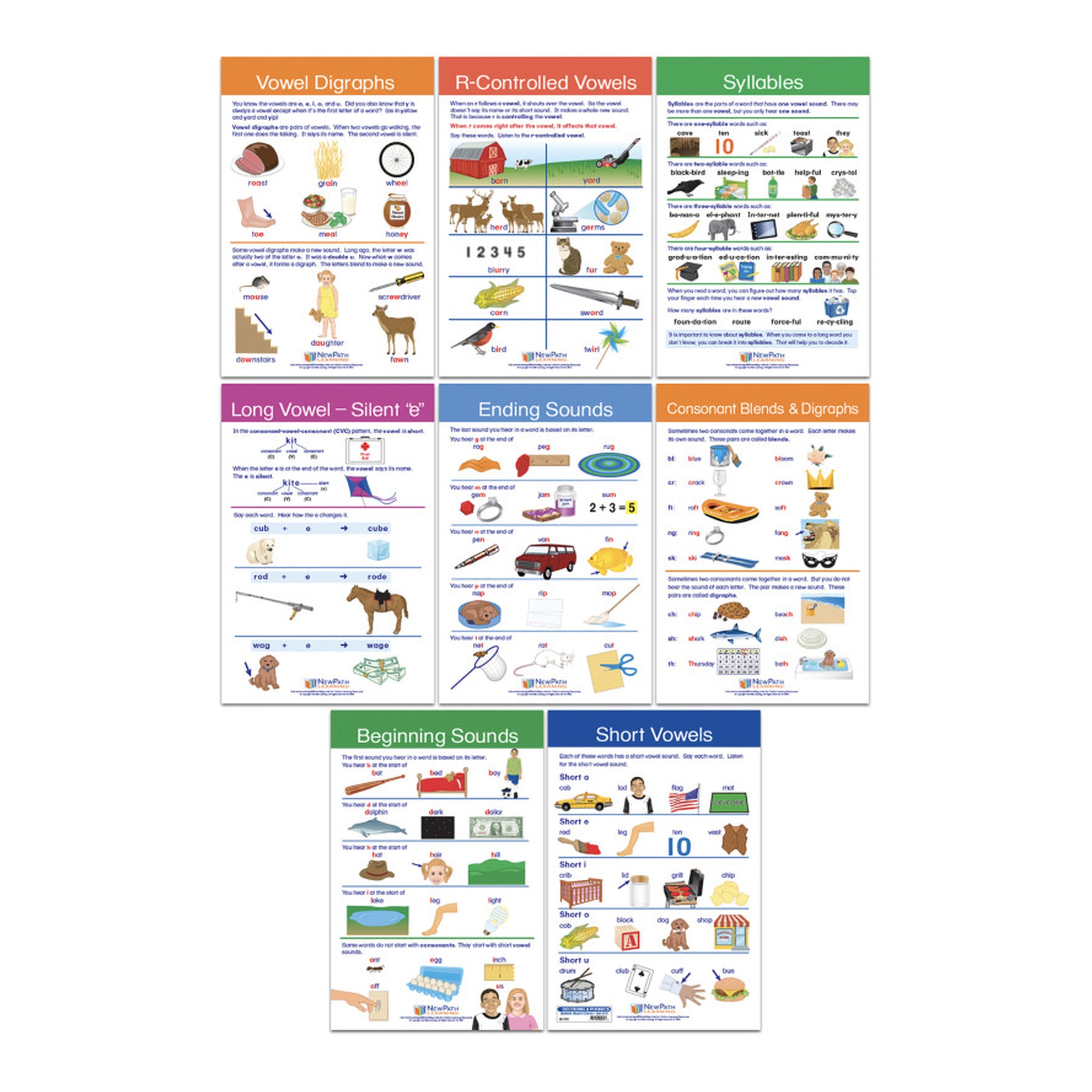 Double-Sided Phonics and Decoding Chart Set, 8-Pack