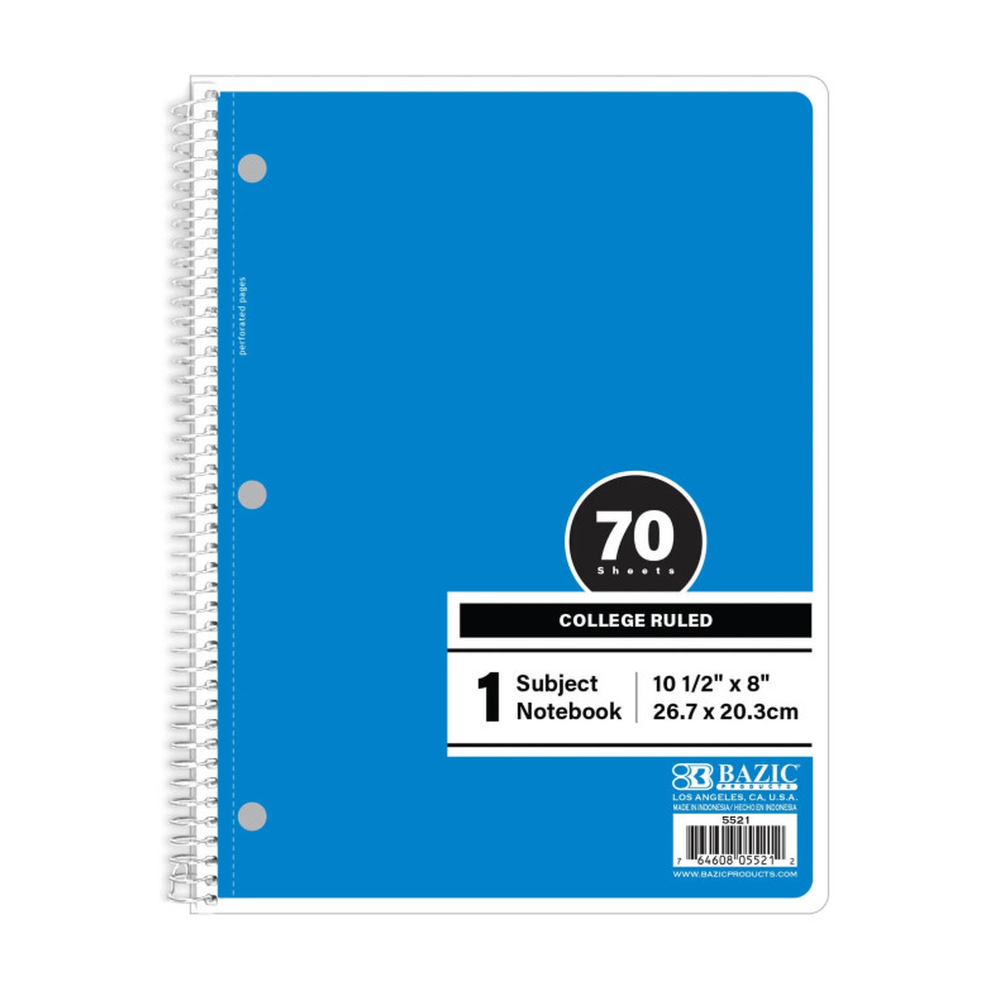 Blue College Ruled 1-Subject Spiral Notebook, 70 Sheets