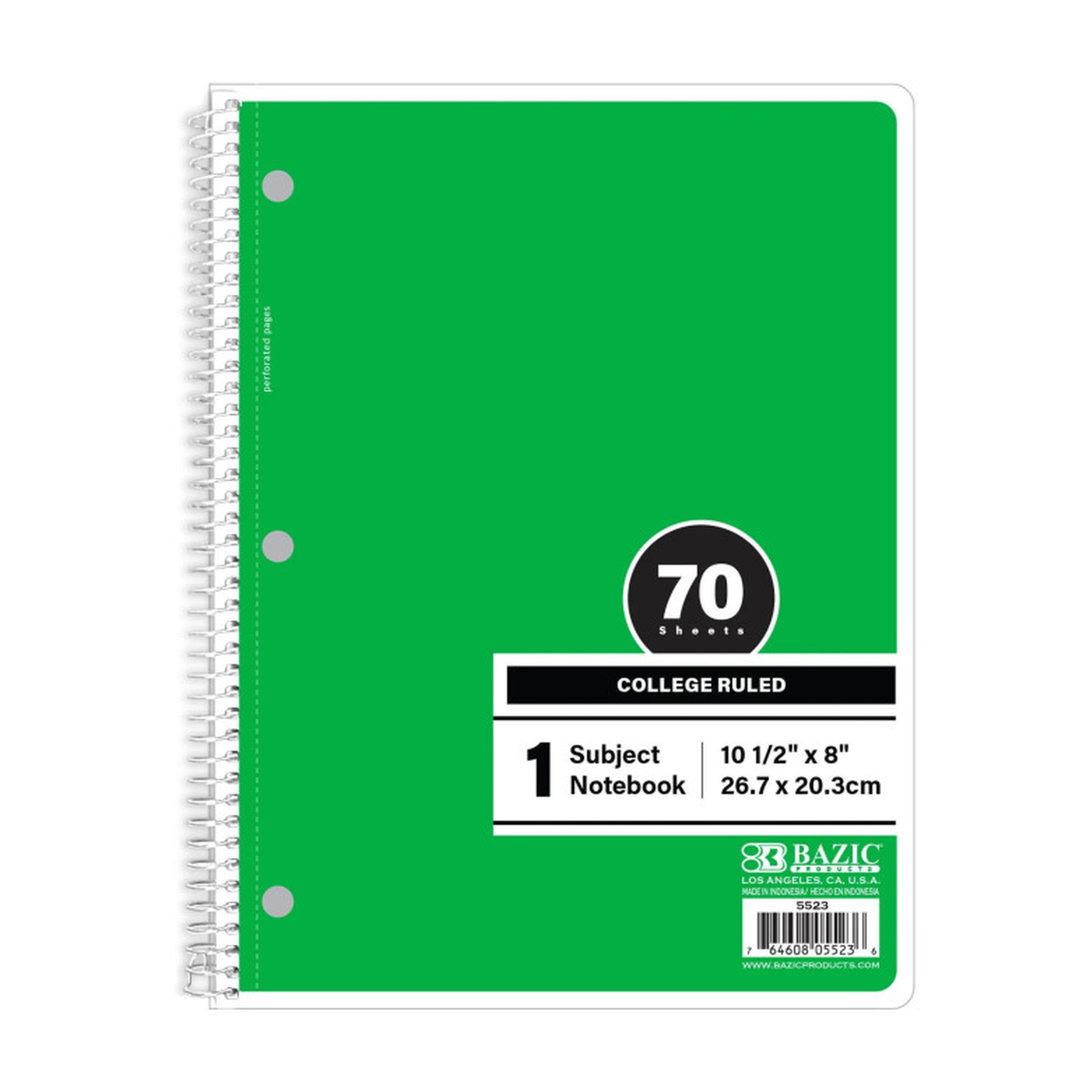Green 1-Subject College Ruled Spiral Notebook, 70 Count