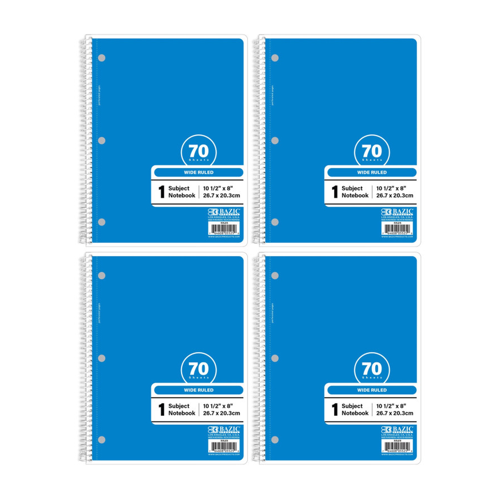 Blue Wide-Ruled 1-Subject Spiral Notebooks, 70 Count, 4-Pack