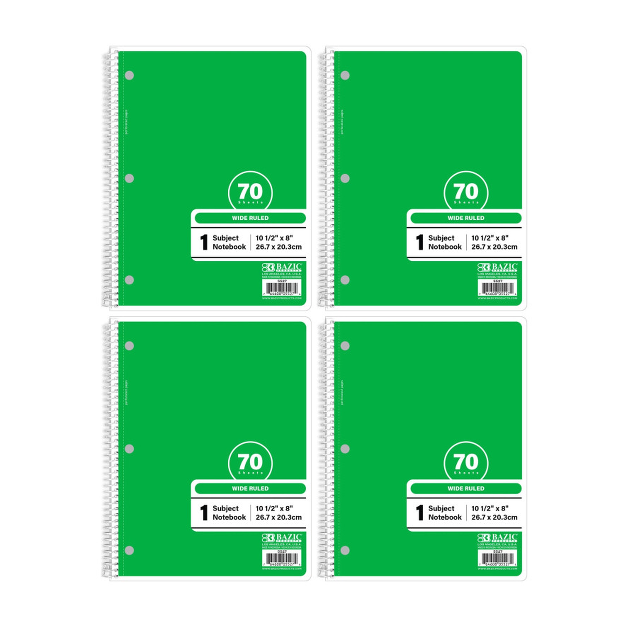 Green Wide-Ruled 1-Subject Spiral Notebooks, 70 Count, 4 Pack