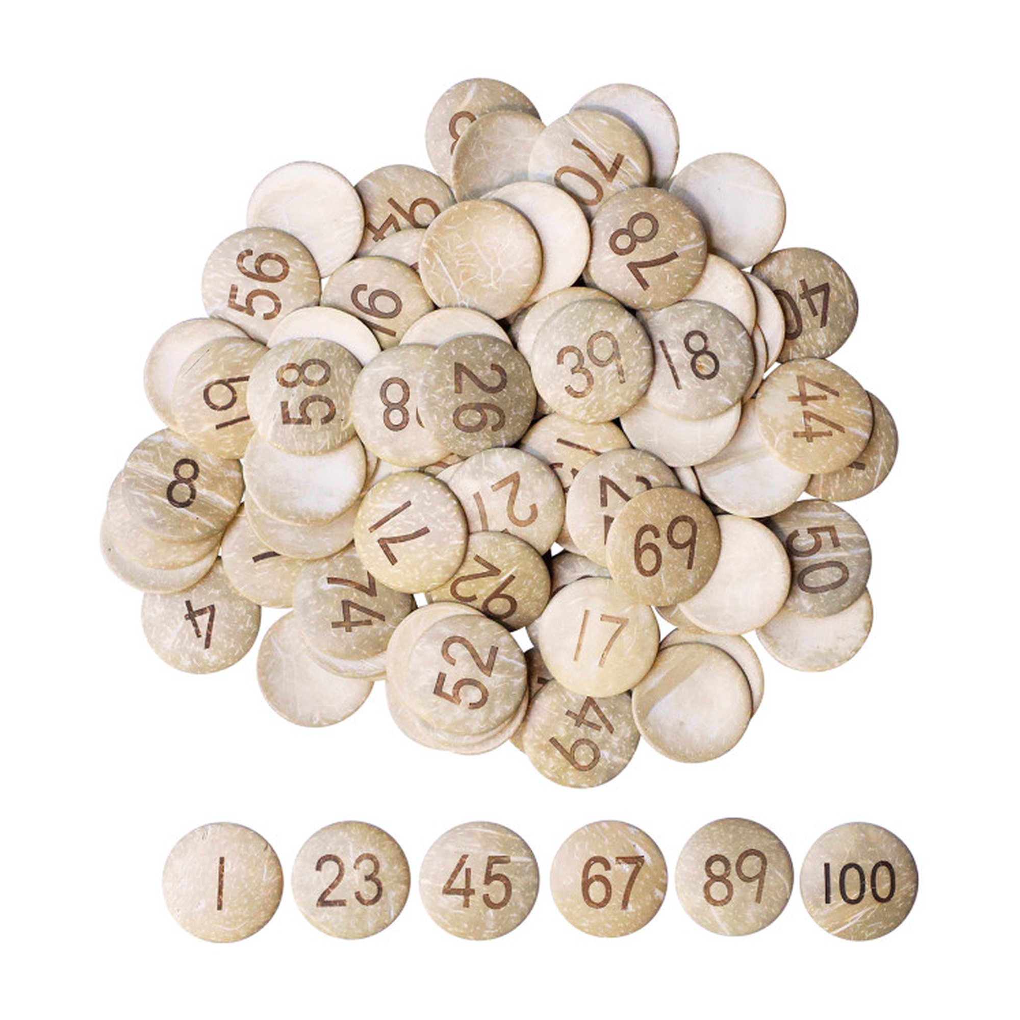 Natural Coconut Shell Number Circles, 1–100, 100 Pieces