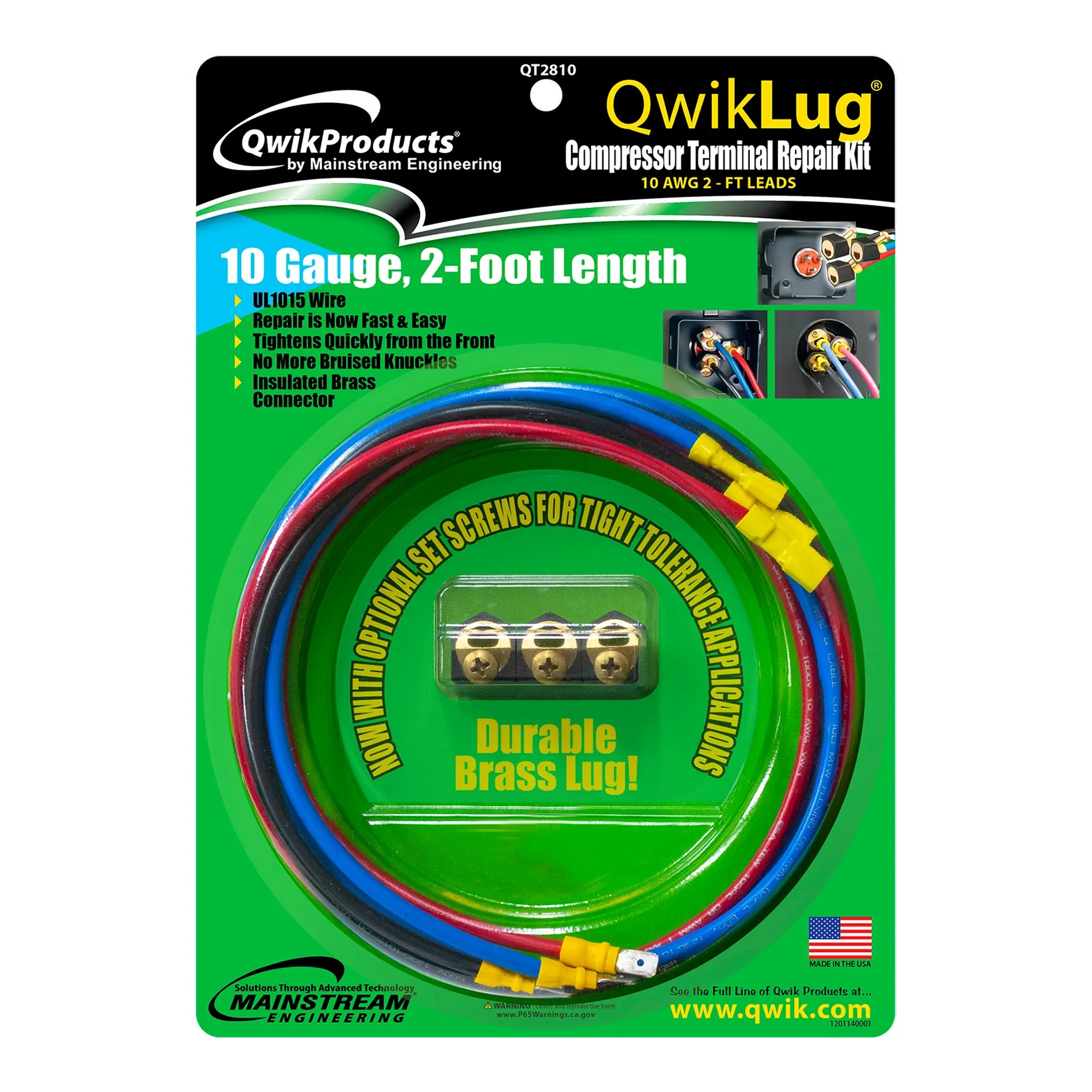 Three-terminal compressor repair lug with color-coded leads and nut