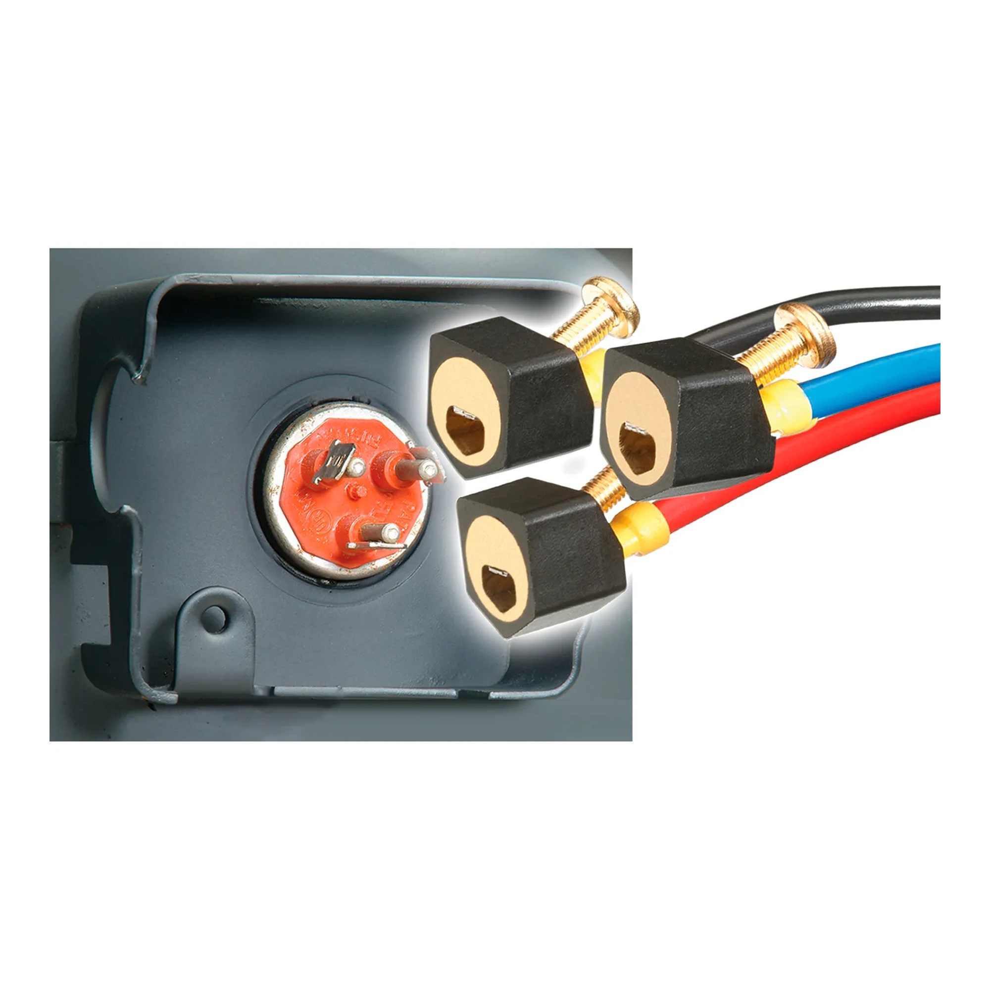 Three-terminal compressor repair lug with color-coded leads and nut