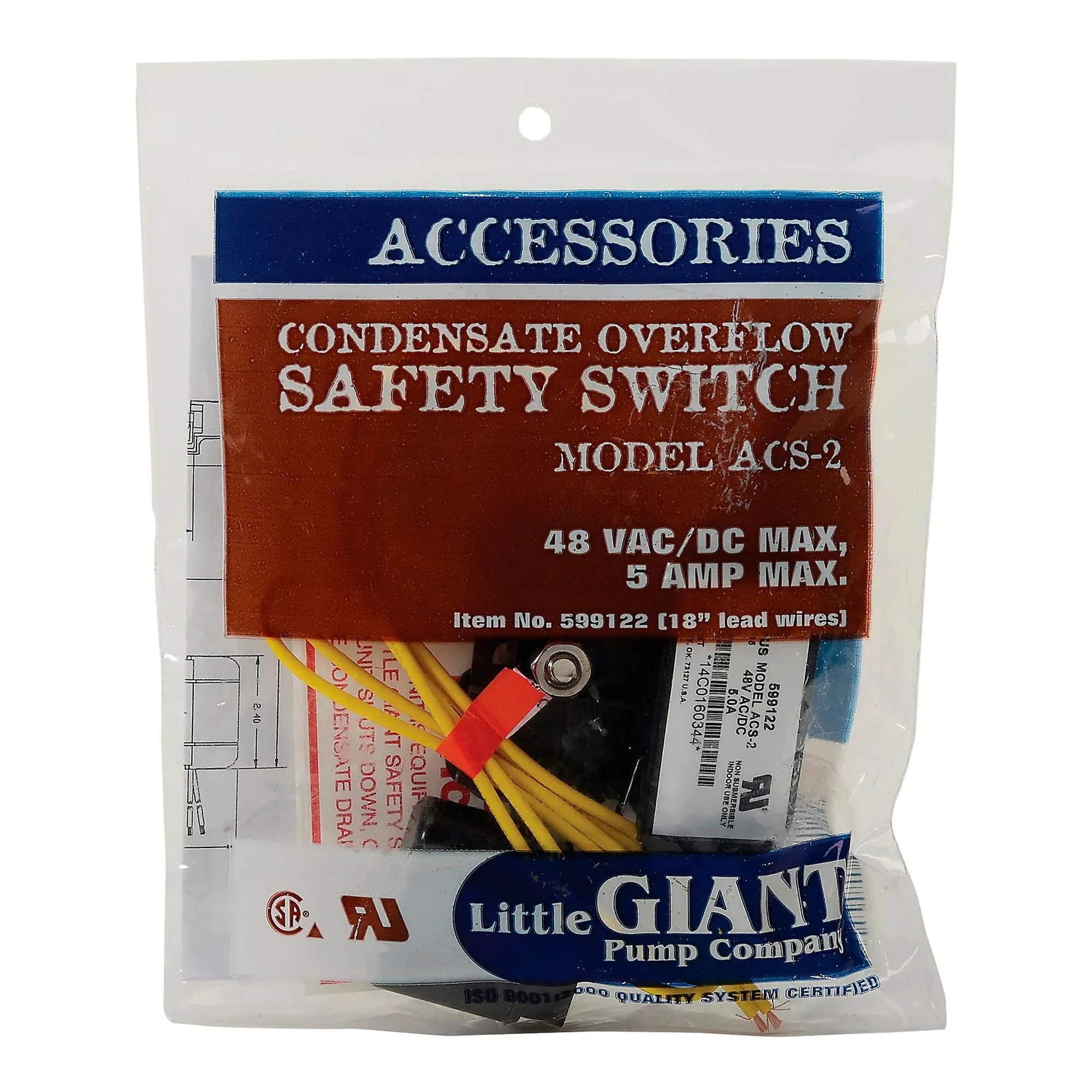 Auxiliary condensate overflow safety switch with 18-inch wire