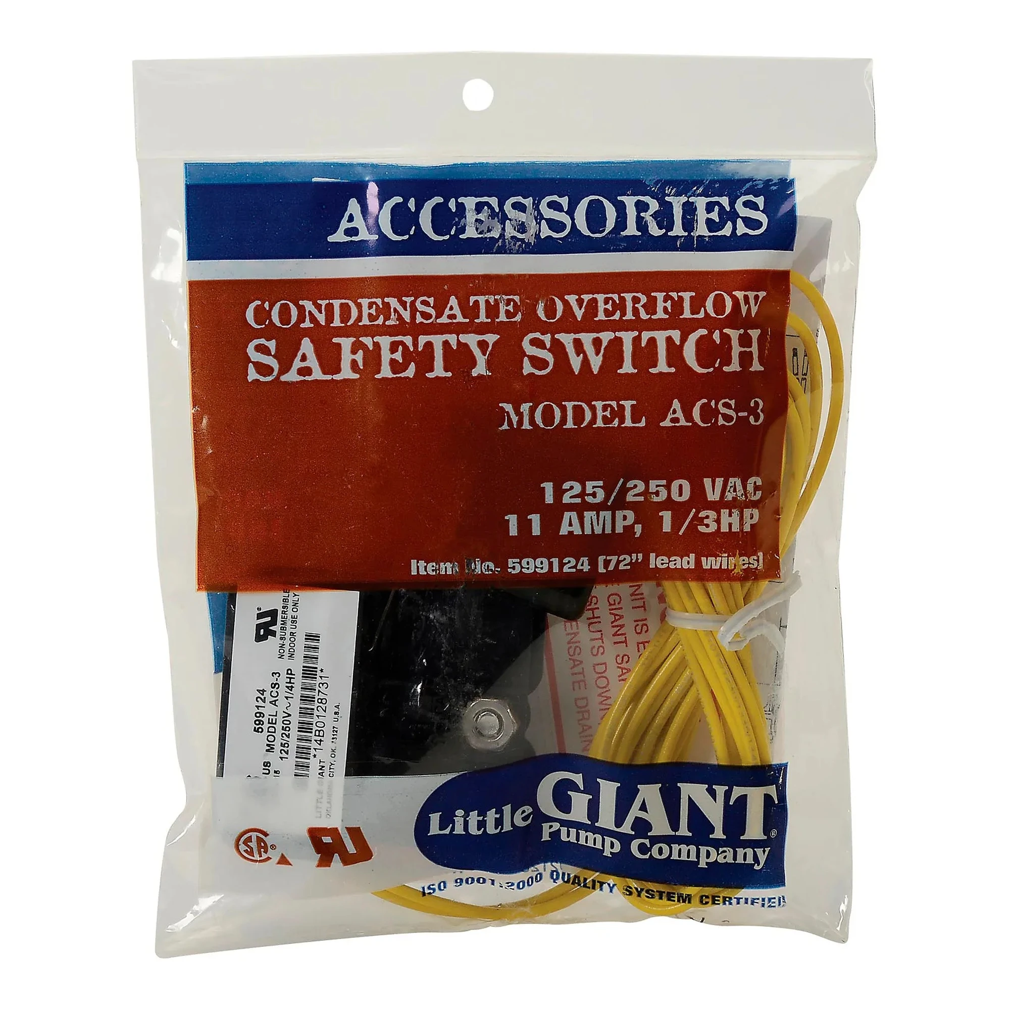 Auxiliary condensate overflow safety switch with 72-inch wire
