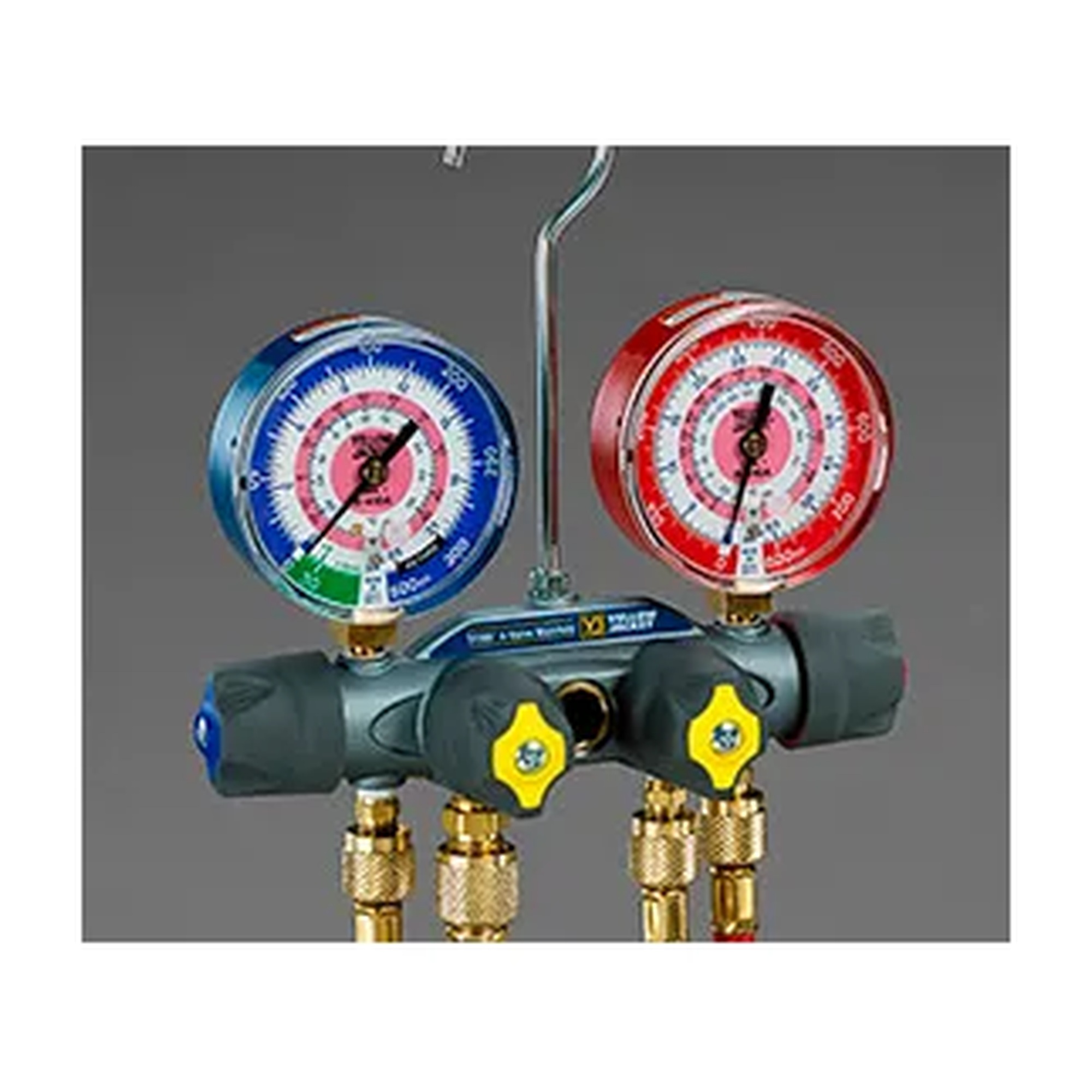 Four-hose HVAC manifold with 60 inch RYB hoses and red and blue gauges