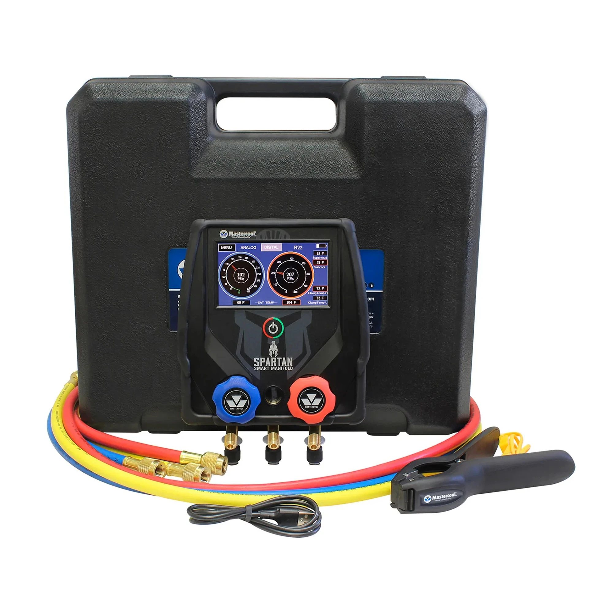 Black 2-way smart HVAC manifold with clamps and color touchscreen