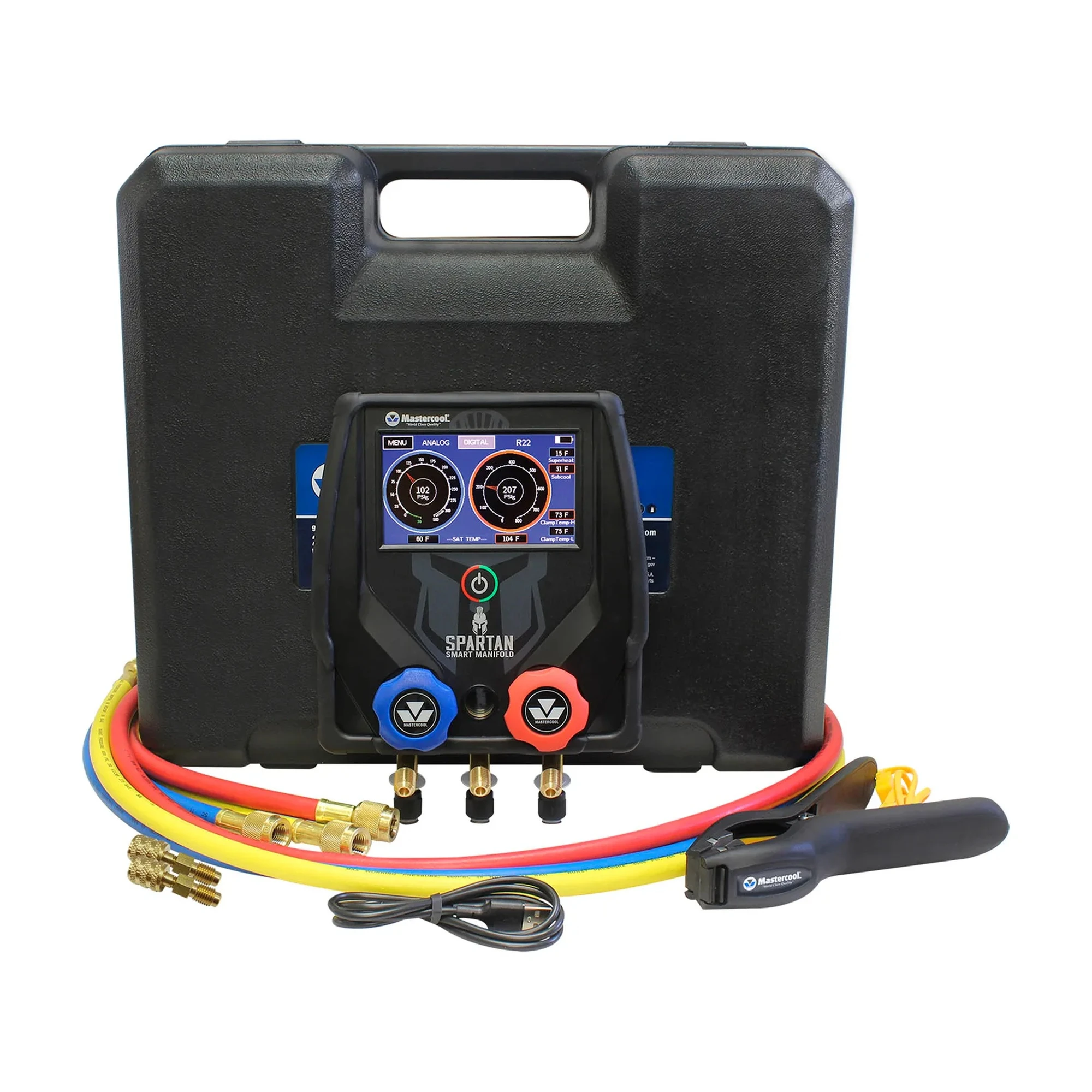 Black 2-way smart HVAC manifold with clamps and color touchscreen