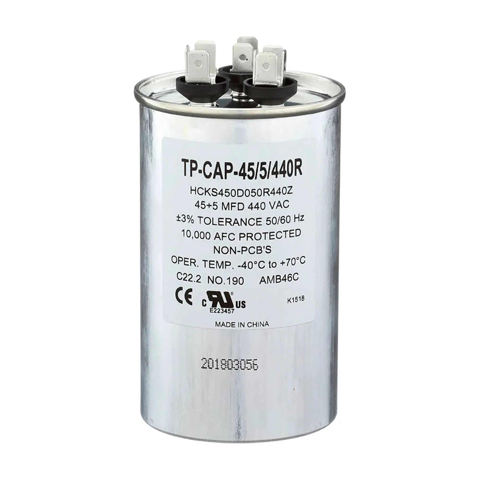 Round Dual Run Capacitor, 45 + 5 MFD, 440V