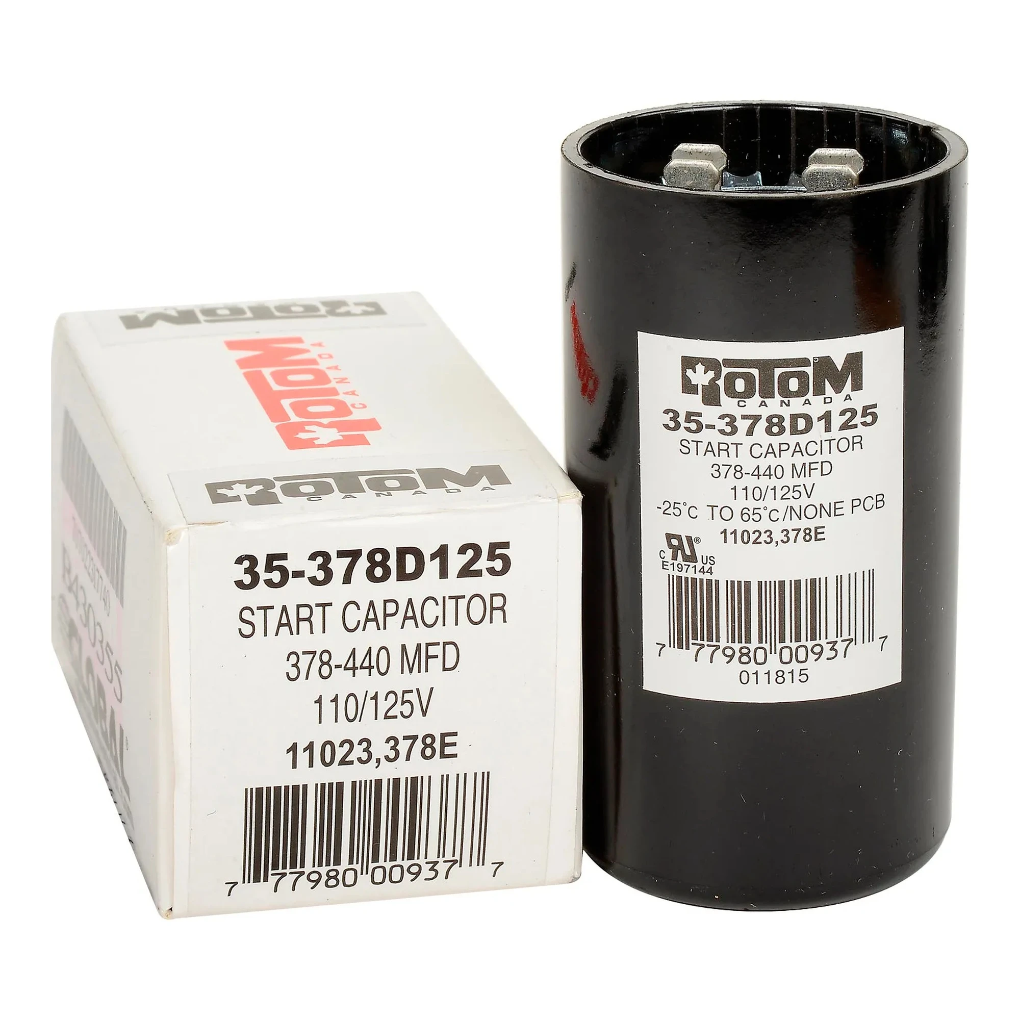 Round 378-440 MFD 125V motor start capacitor with dual-blade terminals