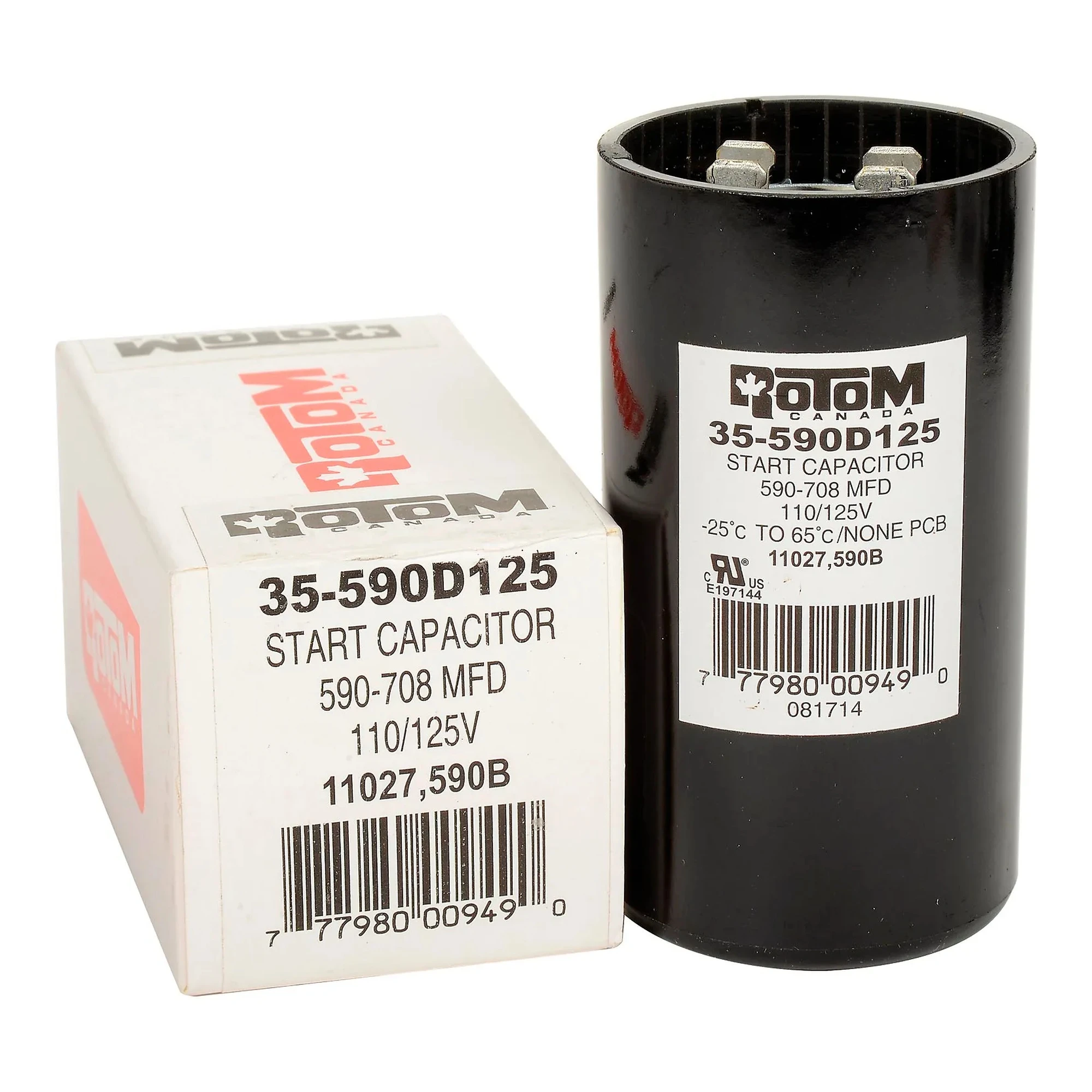Round 590-708 MFD 110/125V motor start capacitor with dual-blade terminals