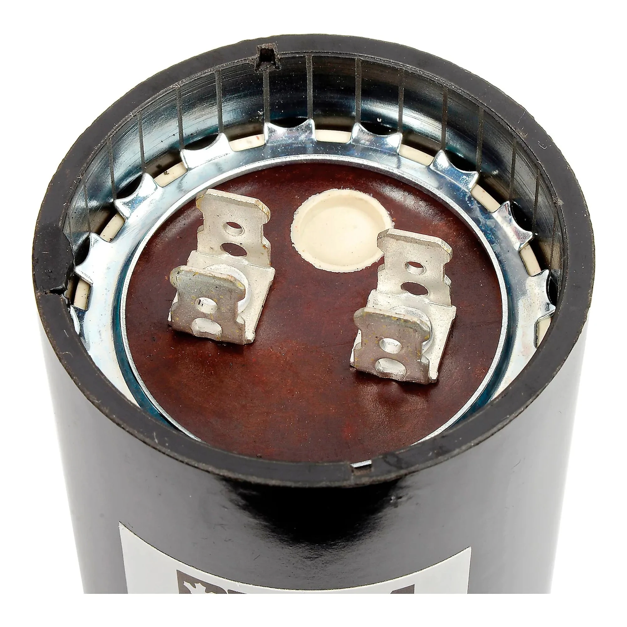 Round 590-708 MFD 110/125V motor start capacitor with dual-blade terminals