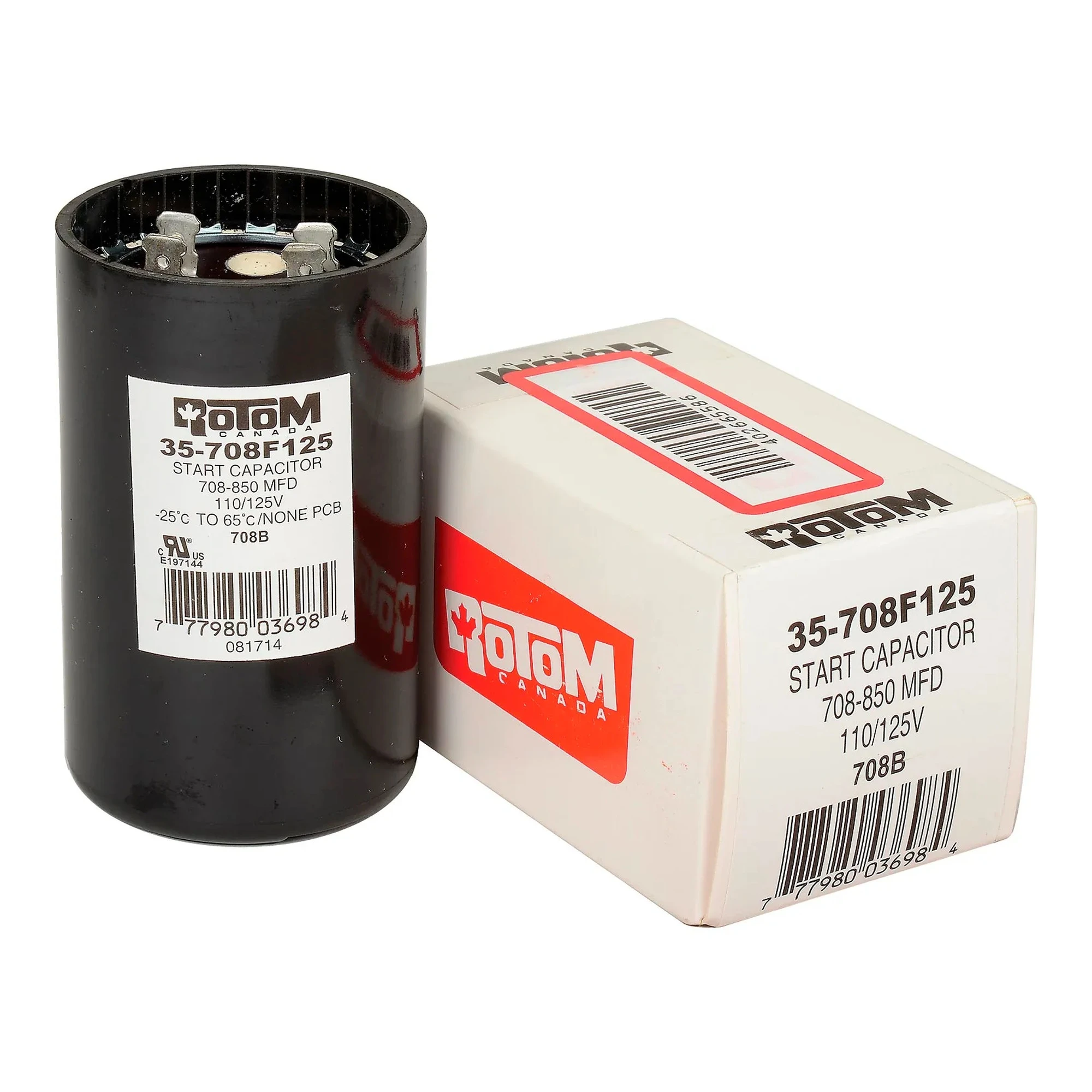 Round 708–850 MFD 110/125V motor start capacitor