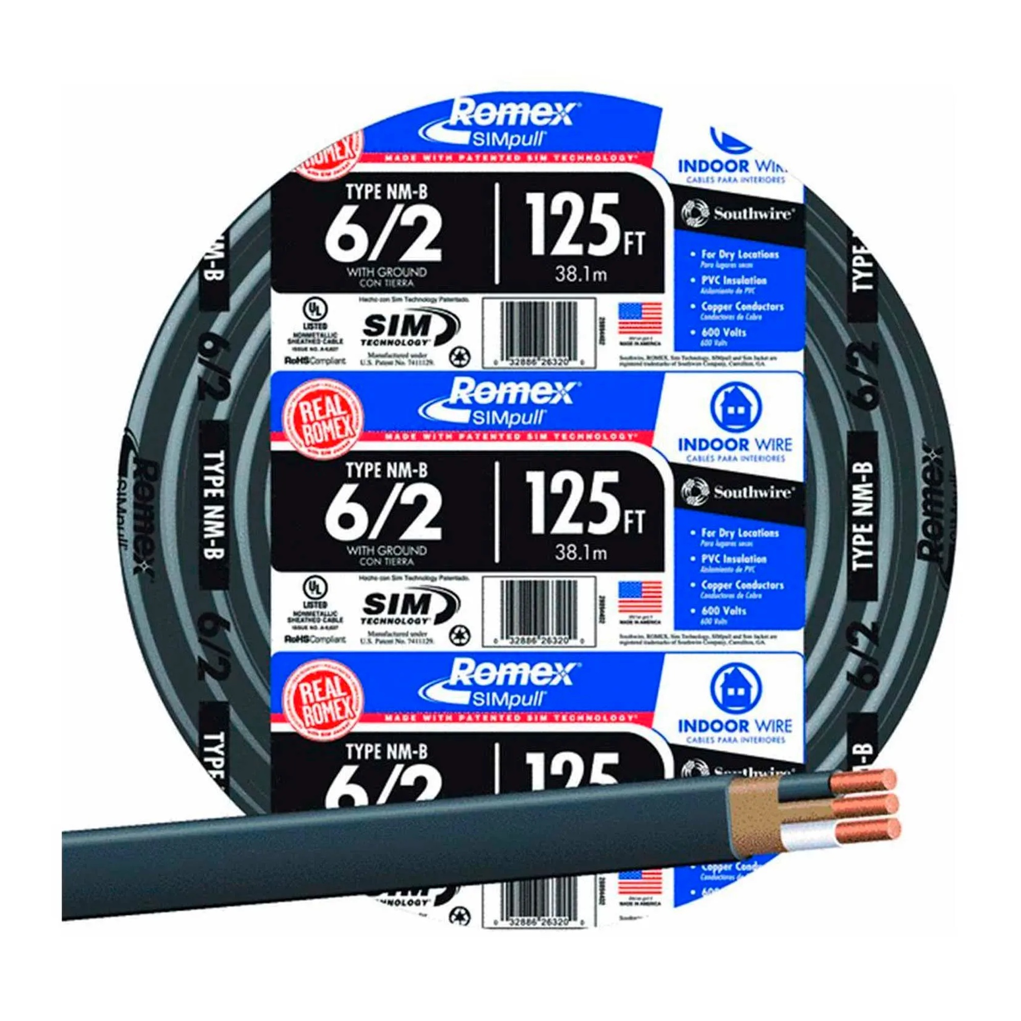 6/2 AWG NM-B Cable with Ground, 125 ft, Black